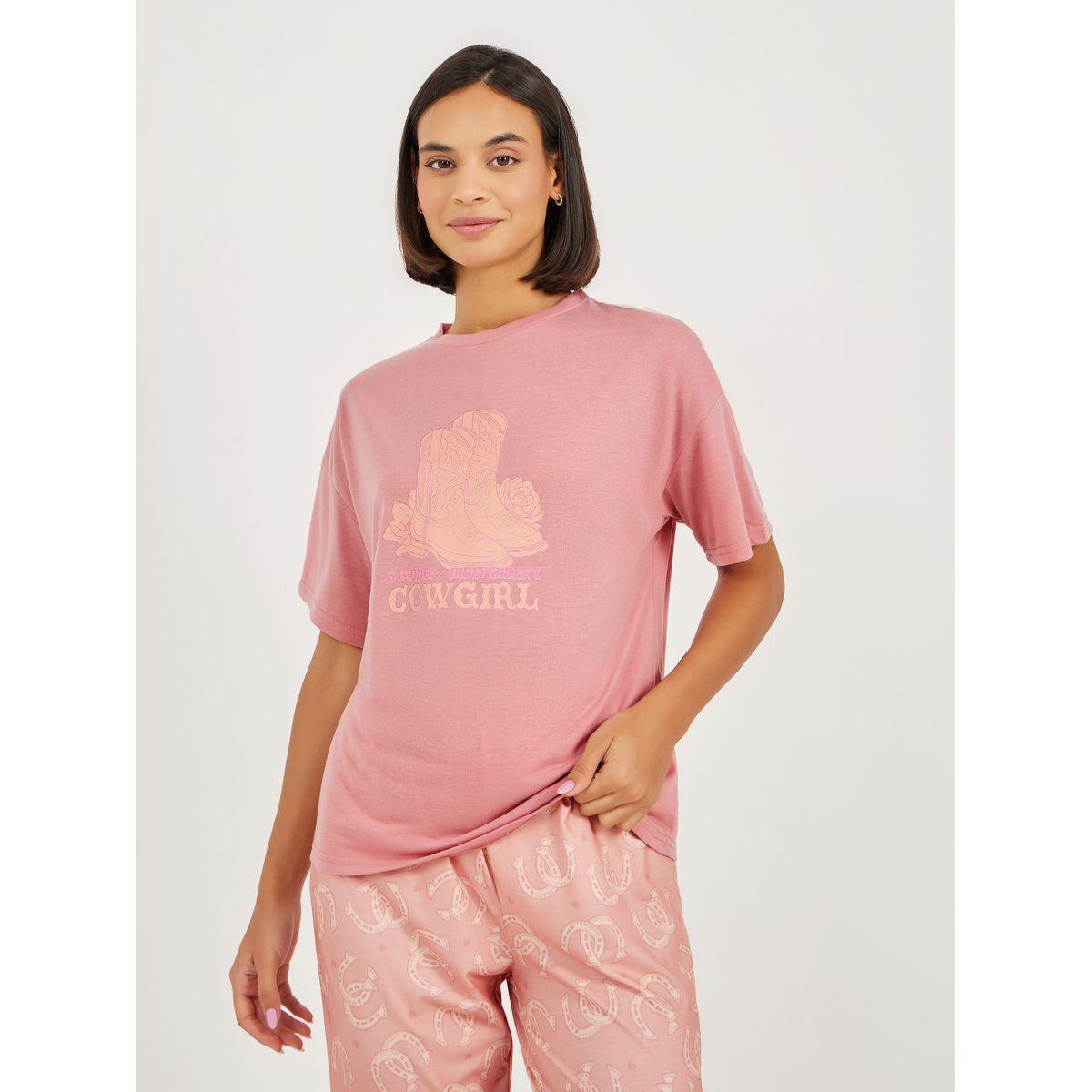 Styli Cow Girl Graphic Dropped Shoulder T-Shirt and Pyjama Set-women-clothing-nightwear-pyjamas-longsets-image-2