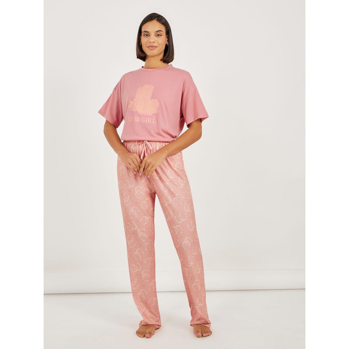 Styli Cow Girl Graphic Dropped Shoulder T-Shirt and Pyjama Set-women-clothing-nightwear-pyjamas-longsets-image-4