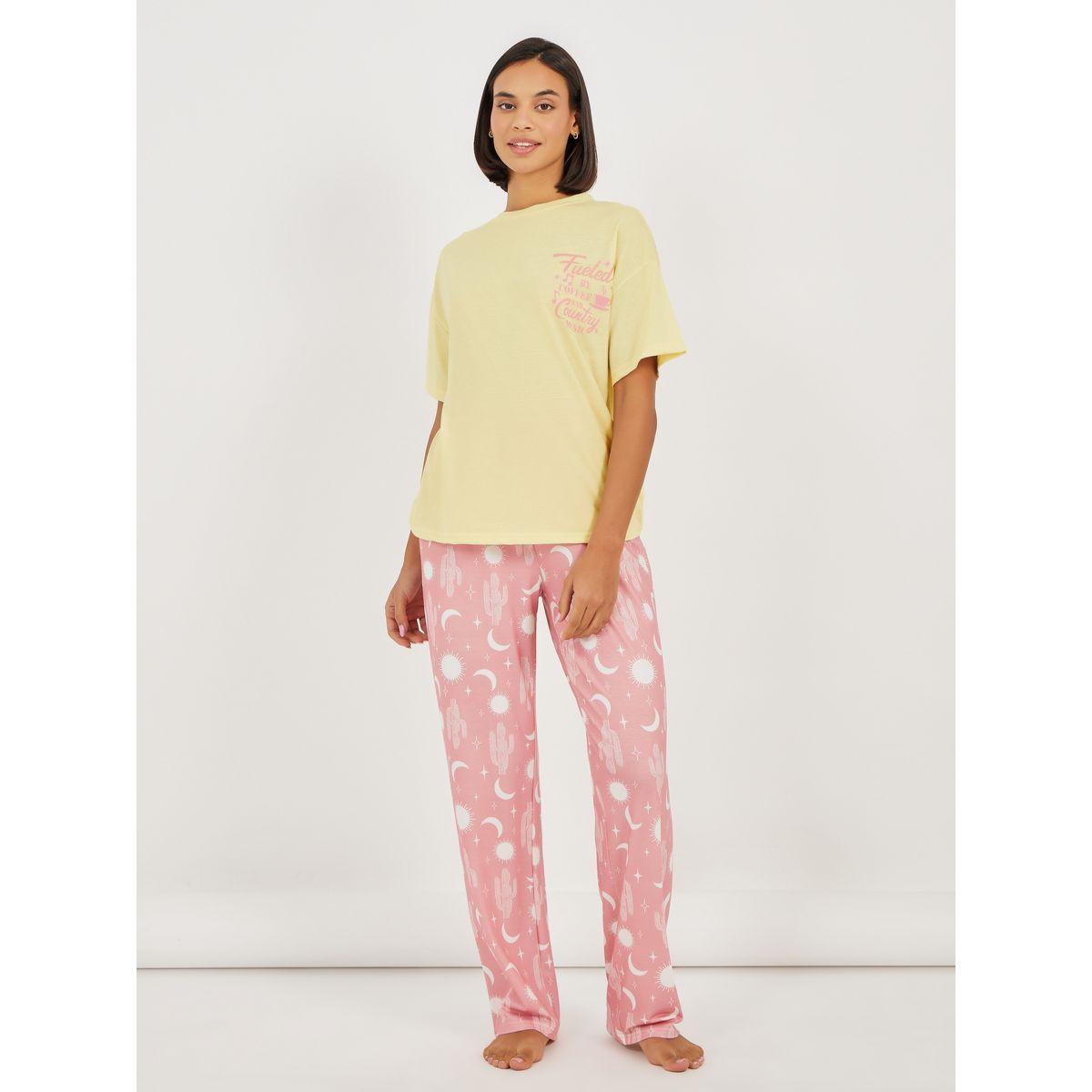 Styli Coffee and Country Graphic T-Shirt and Moon Print Pyjama Set-women-clothing-nightwear-pyjamas-longsets-image-1