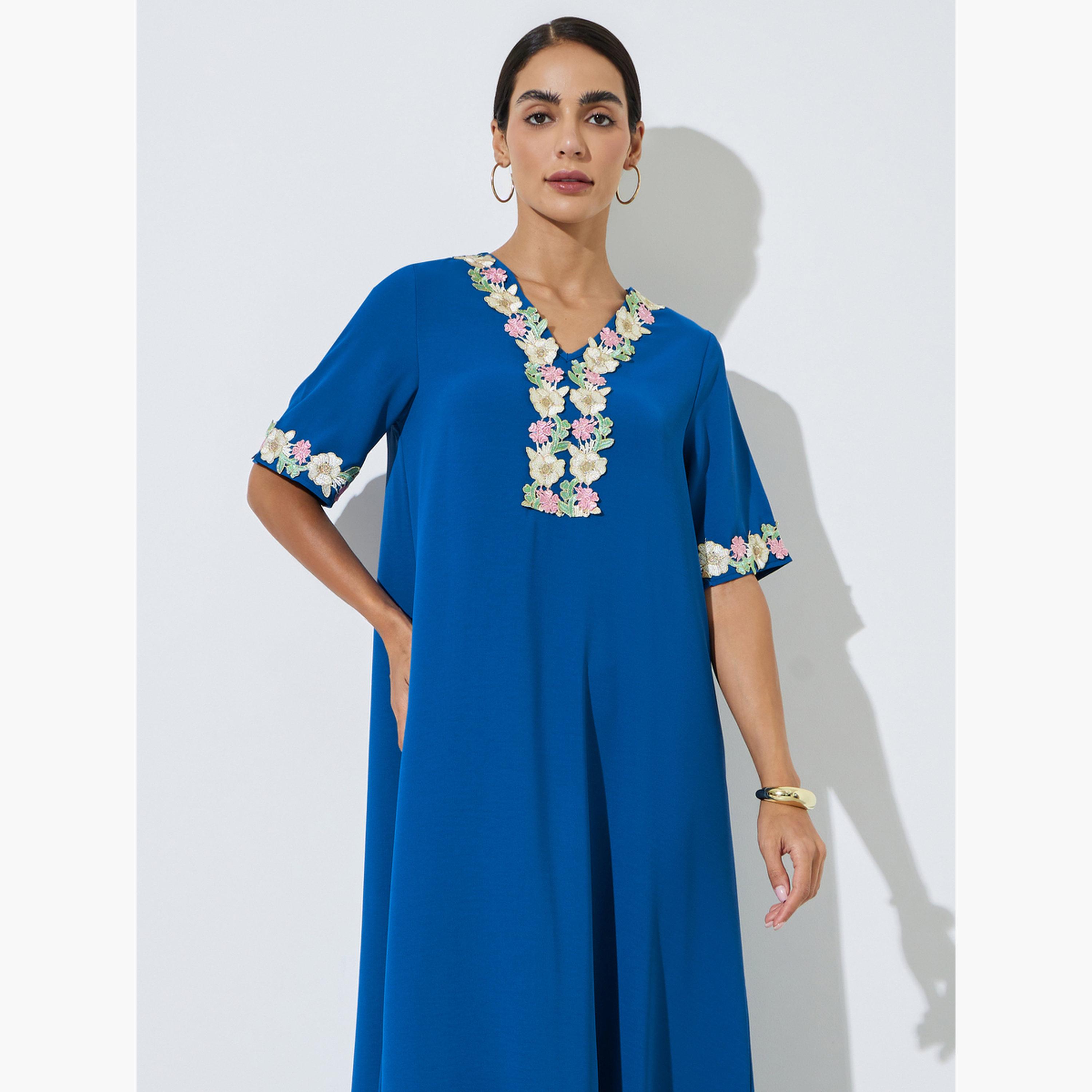 Amirah X Styli Blue Floral Lace Trim V Neck Jalabiya-women-arabicclothing-jalabiyas-image-2