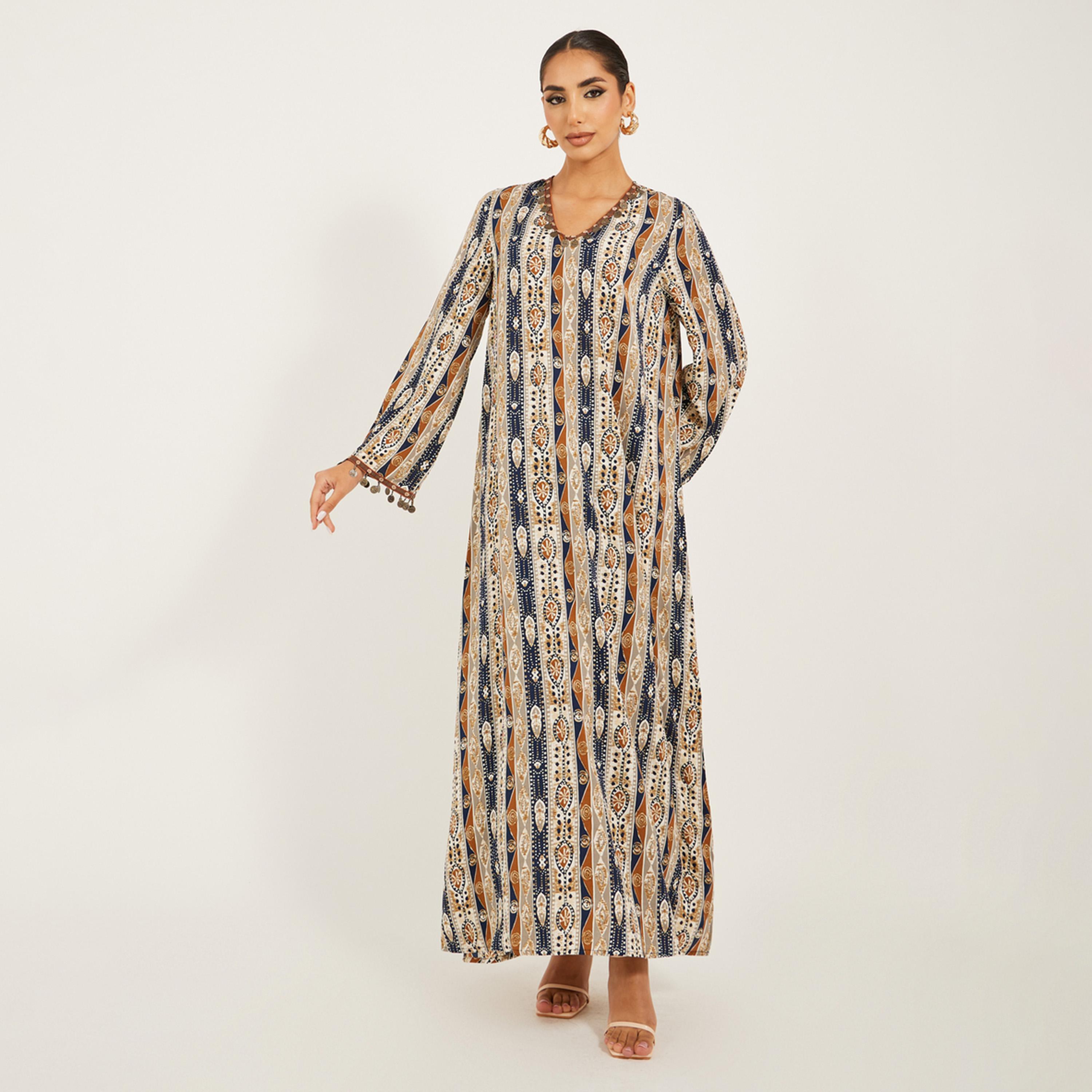Styli Stripe Pattern Print A Line Jalabiya W/ Metal Tassel Trim At Neck And Sleeve Hem-women-arabicclothing-jalabiyas-image-1