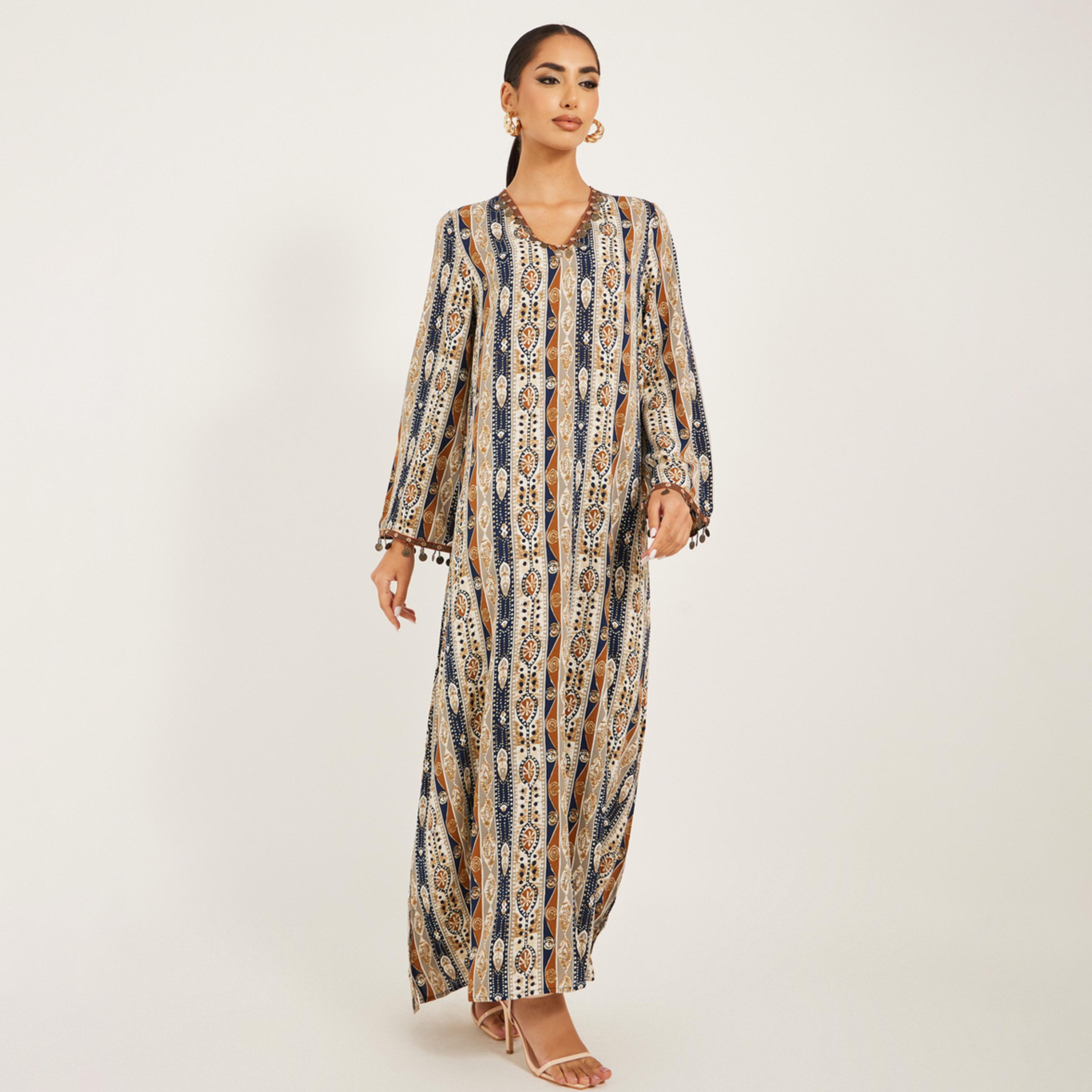 Styli Stripe Pattern Print A Line Jalabiya W/ Metal Tassel Trim At Neck And Sleeve Hem-women-arabicclothing-jalabiyas-image-2