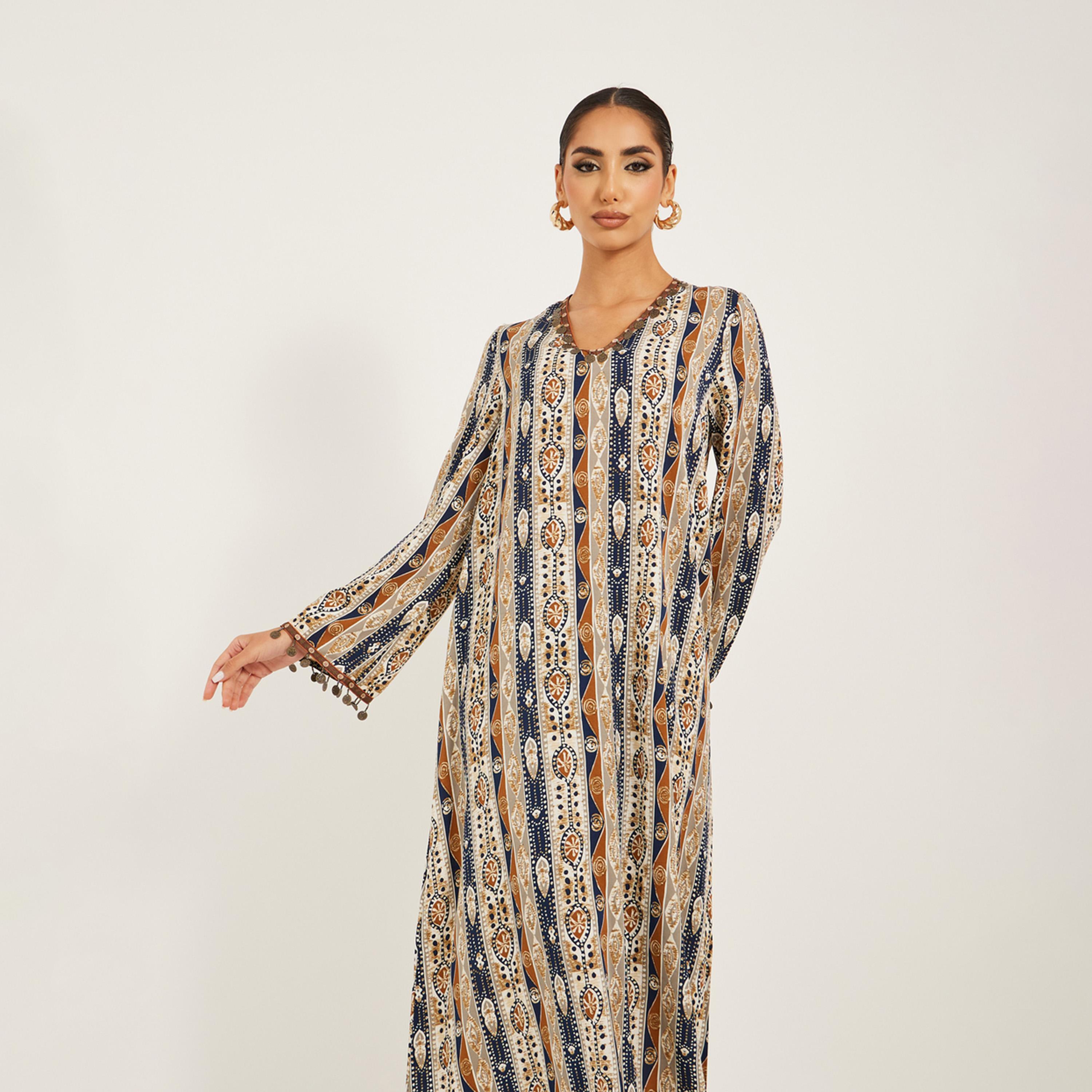 Styli Stripe Pattern Print A Line Jalabiya W/ Metal Tassel Trim At Neck And Sleeve Hem-women-arabicclothing-jalabiyas-image-3