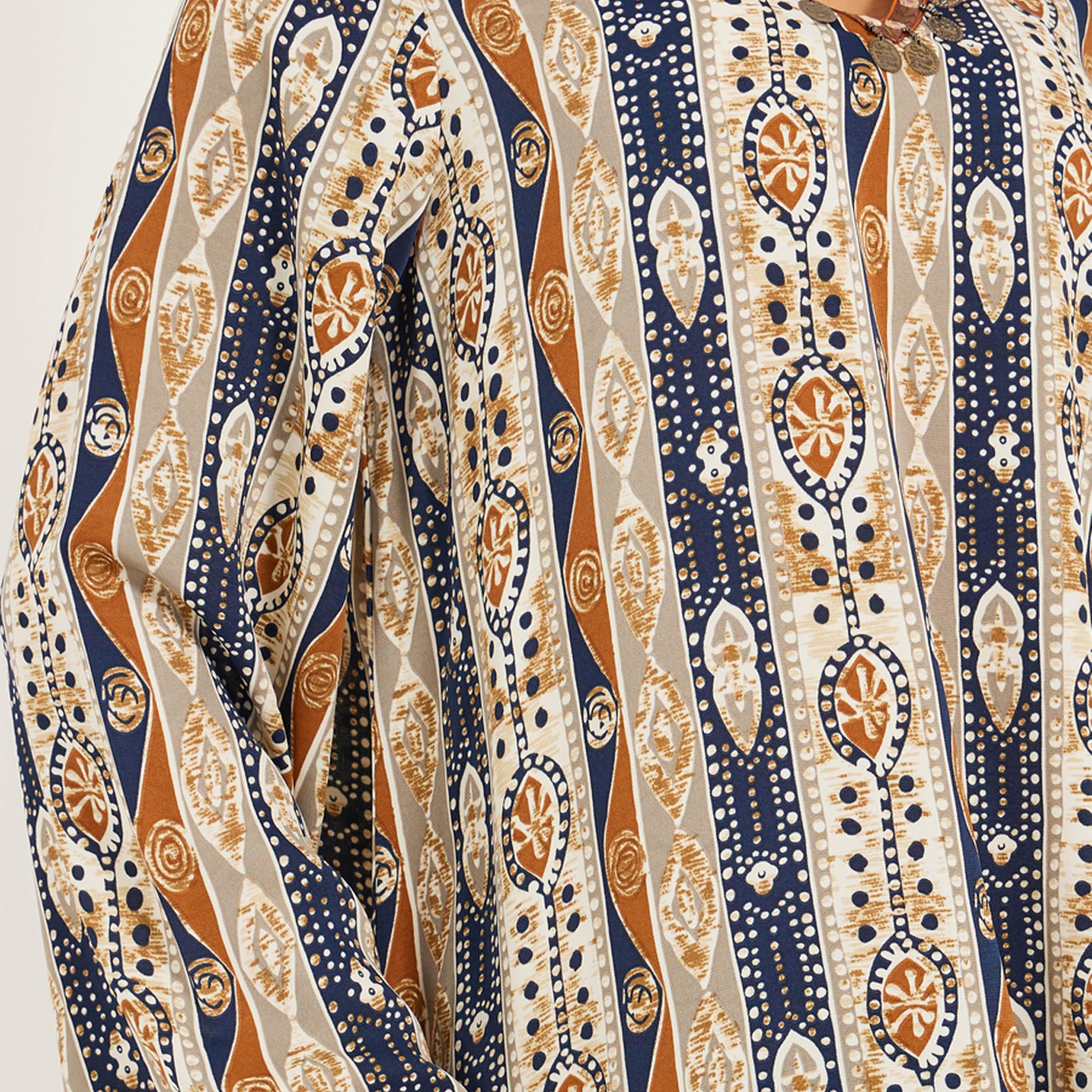 Styli Stripe Pattern Print A Line Jalabiya W/ Metal Tassel Trim At Neck And Sleeve Hem-women-arabicclothing-jalabiyas-image-4