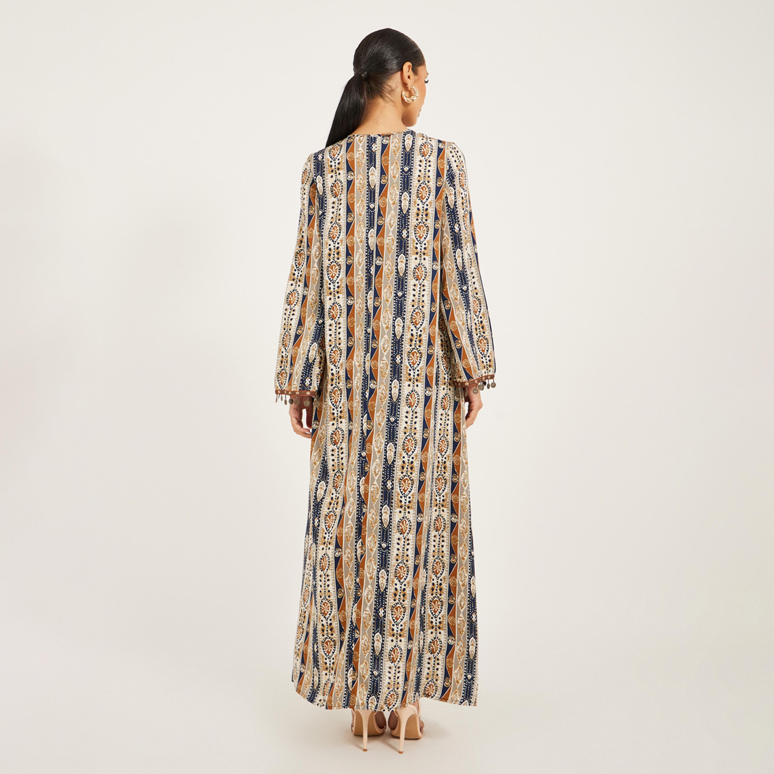 Styli Stripe Pattern Print A Line Jalabiya W/ Metal Tassel Trim At Neck And Sleeve Hem-women-arabicclothing-jalabiyas-image-5