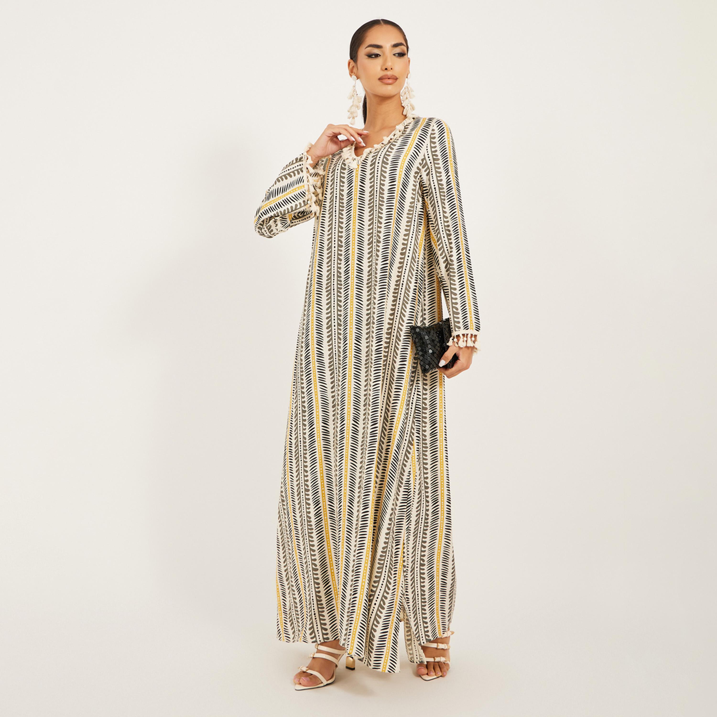 Styli Stripe Pattern Print A Line Jalabiya W/ Shell Tassel Trim At Neck And Sleeve Hem-women-arabicclothing-jalabiyas-image-1