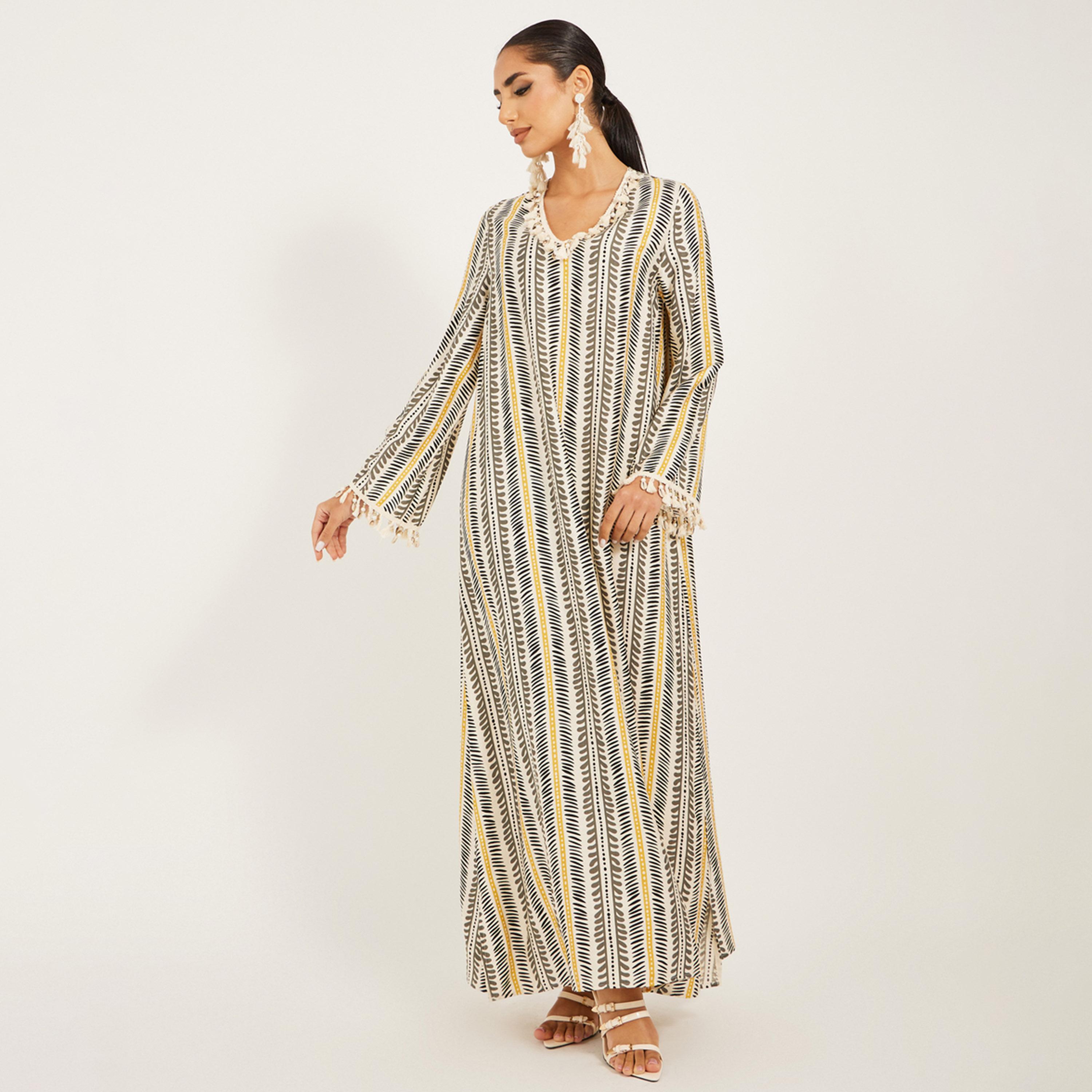 Styli Stripe Pattern Print A Line Jalabiya W/ Shell Tassel Trim At Neck And Sleeve Hem-women-arabicclothing-jalabiyas-image-2