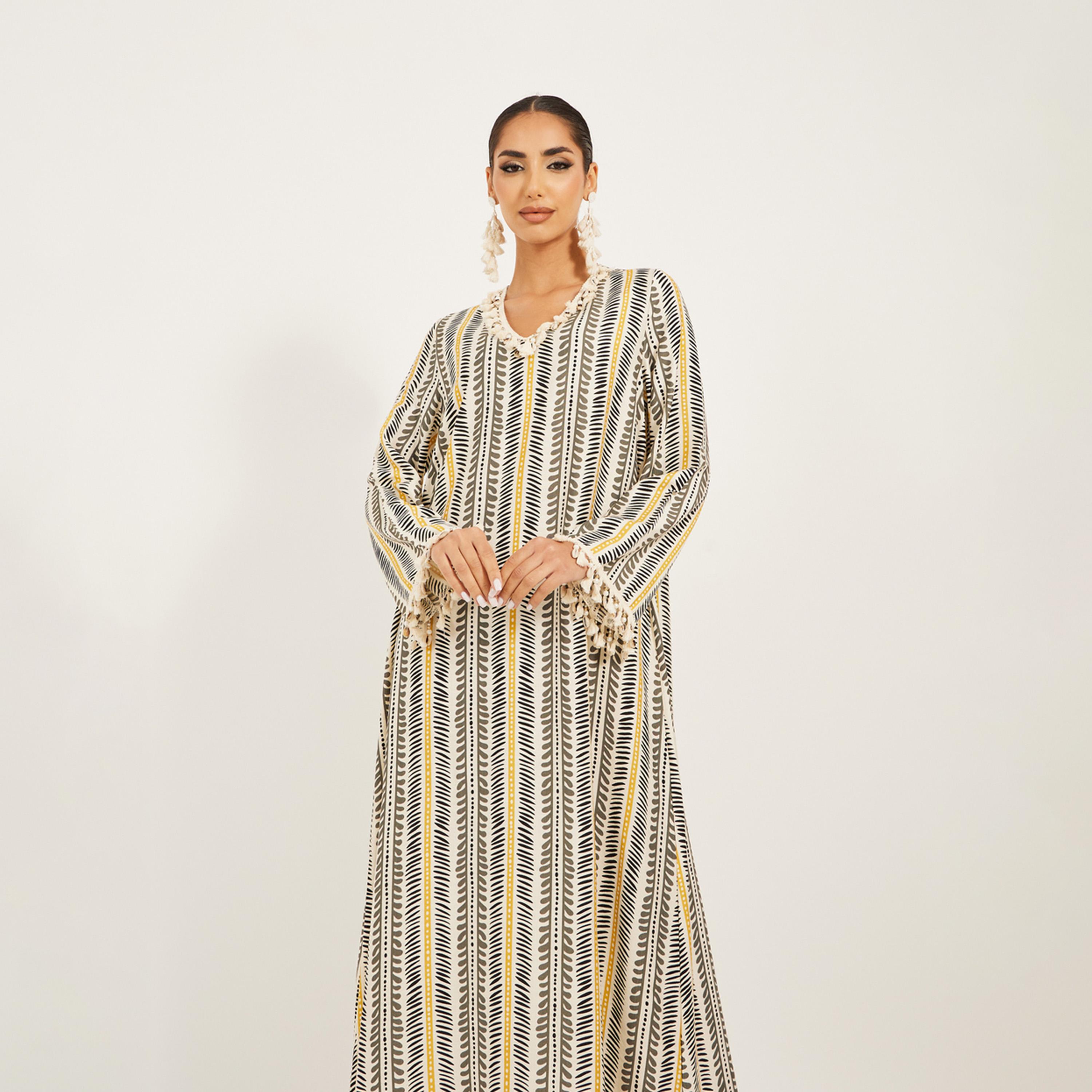 Styli Stripe Pattern Print A Line Jalabiya W/ Shell Tassel Trim At Neck And Sleeve Hem-women-arabicclothing-jalabiyas-image-3