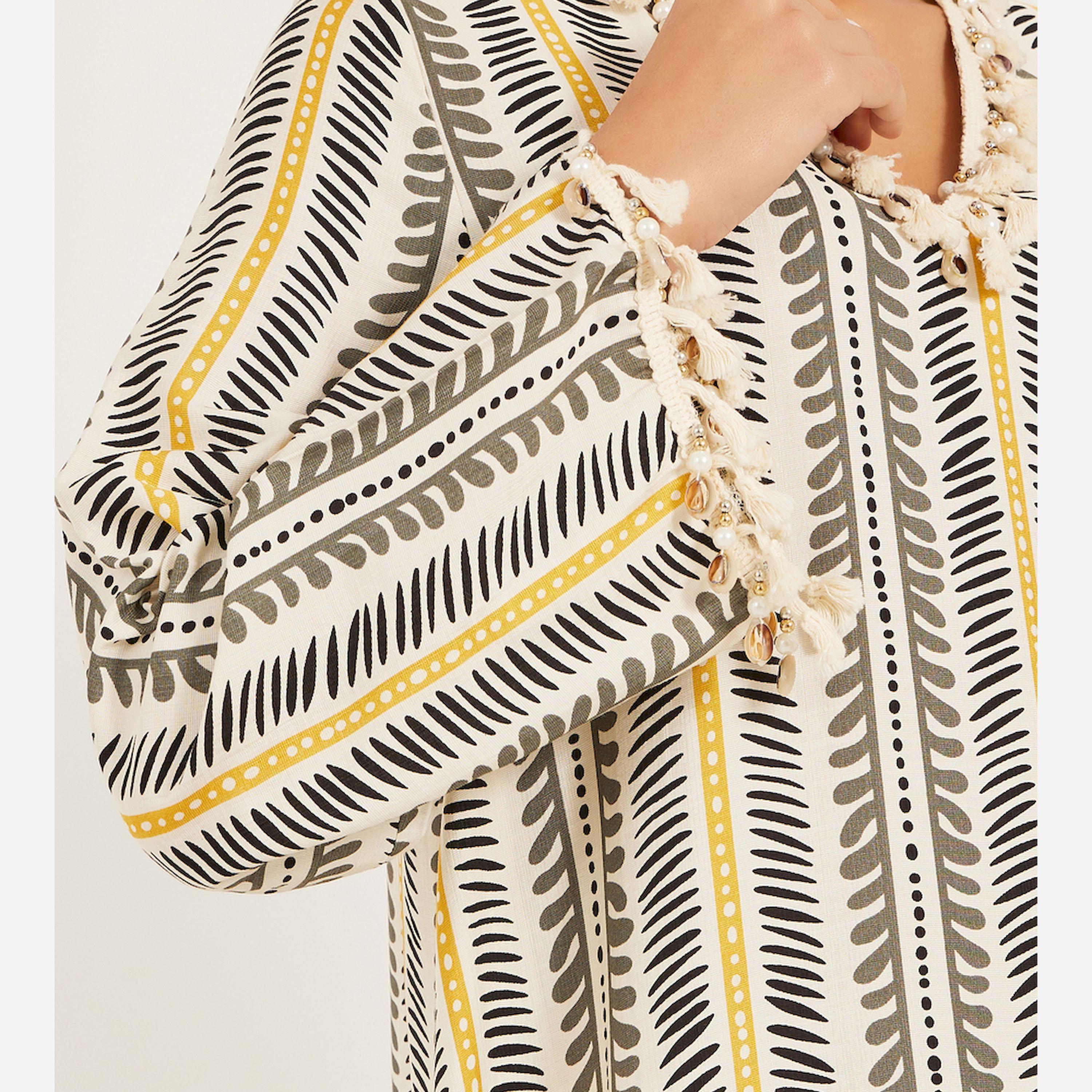 Styli Stripe Pattern Print A Line Jalabiya W/ Shell Tassel Trim At Neck And Sleeve Hem-women-arabicclothing-jalabiyas-image-4