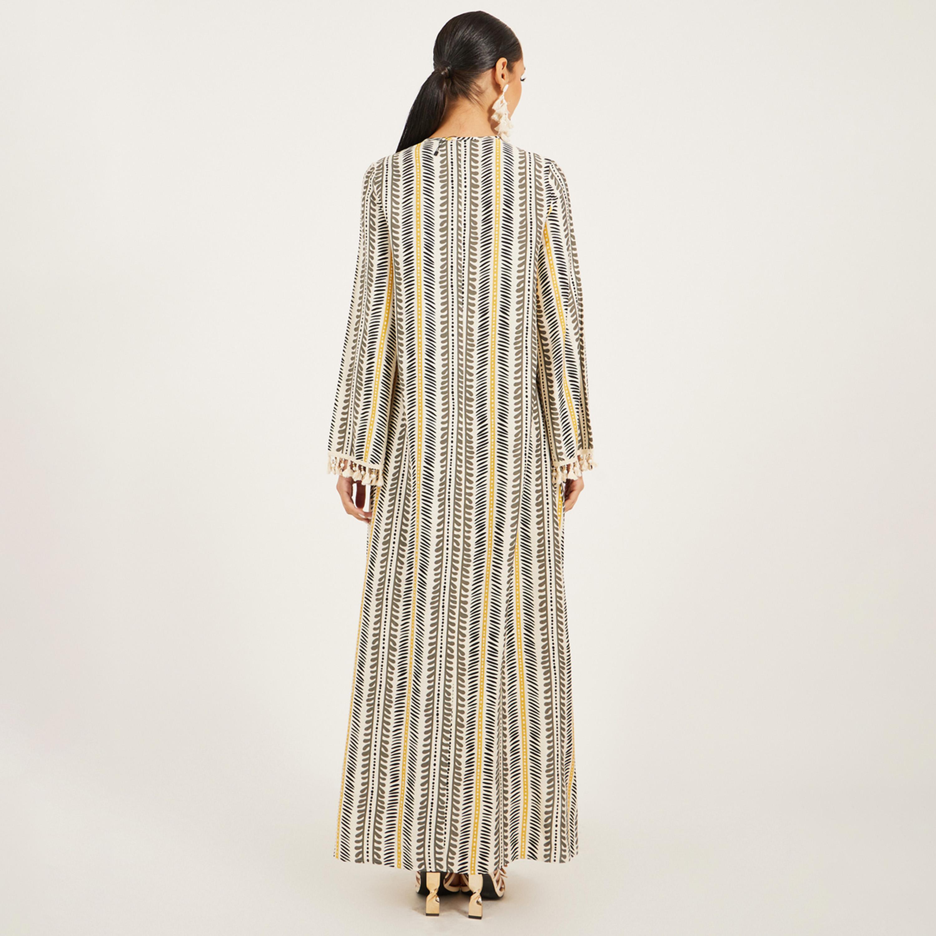 Styli Stripe Pattern Print A Line Jalabiya W/ Shell Tassel Trim At Neck And Sleeve Hem-women-arabicclothing-jalabiyas-image-5
