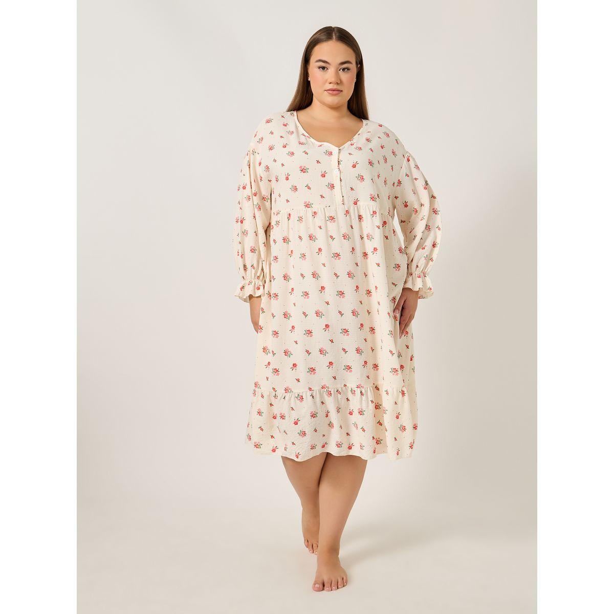 Styli Plus Size Floral Print Button Up Night Dress-women-clothing-nightwear-nighties-image-1