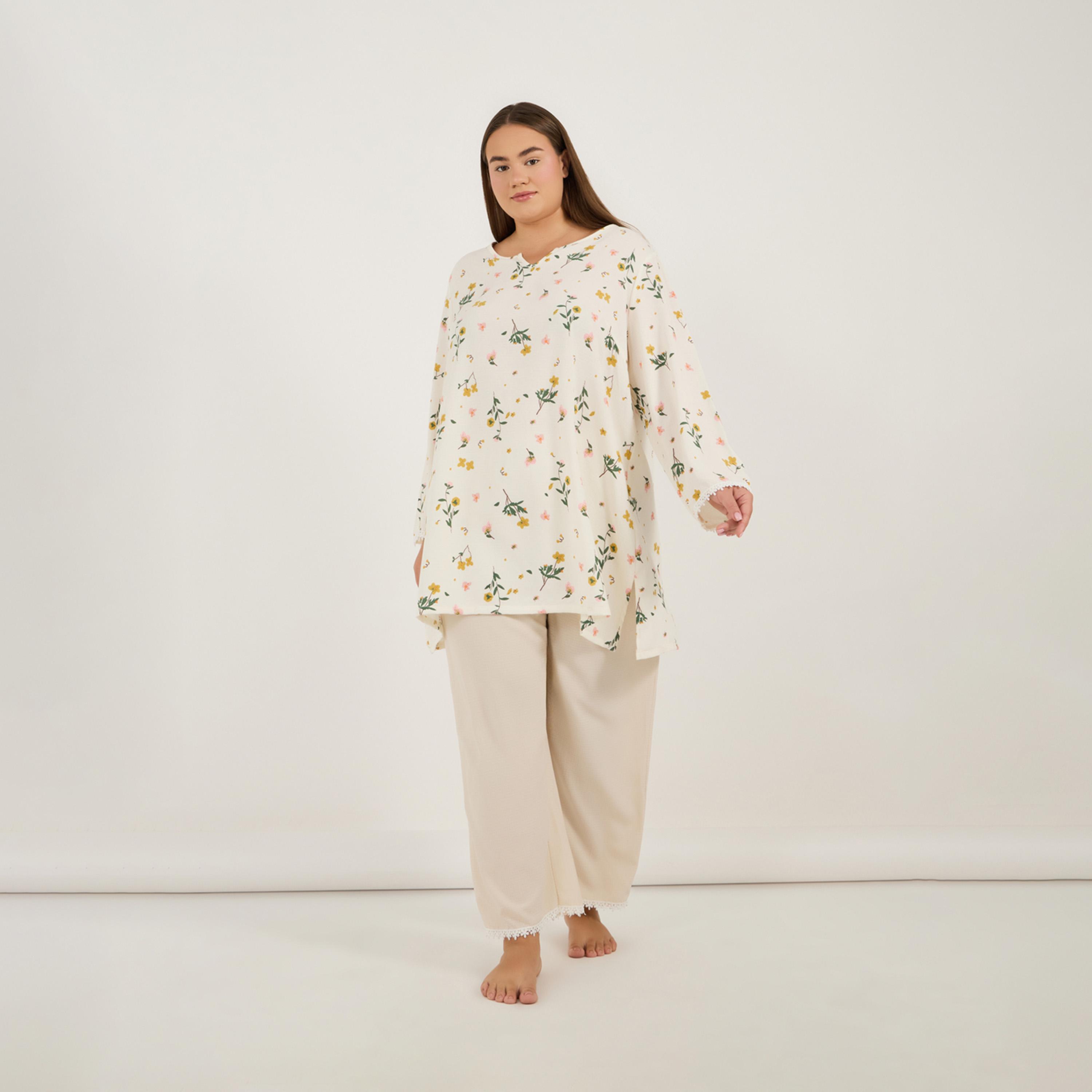 ستايلي - طقم قميص طويل مورد بفتحة رقبة صغيرة مع بنطال بيجامة أنوايند مقاس كبير-women-clothing-nightwear-pyjamas-longsets-image-1