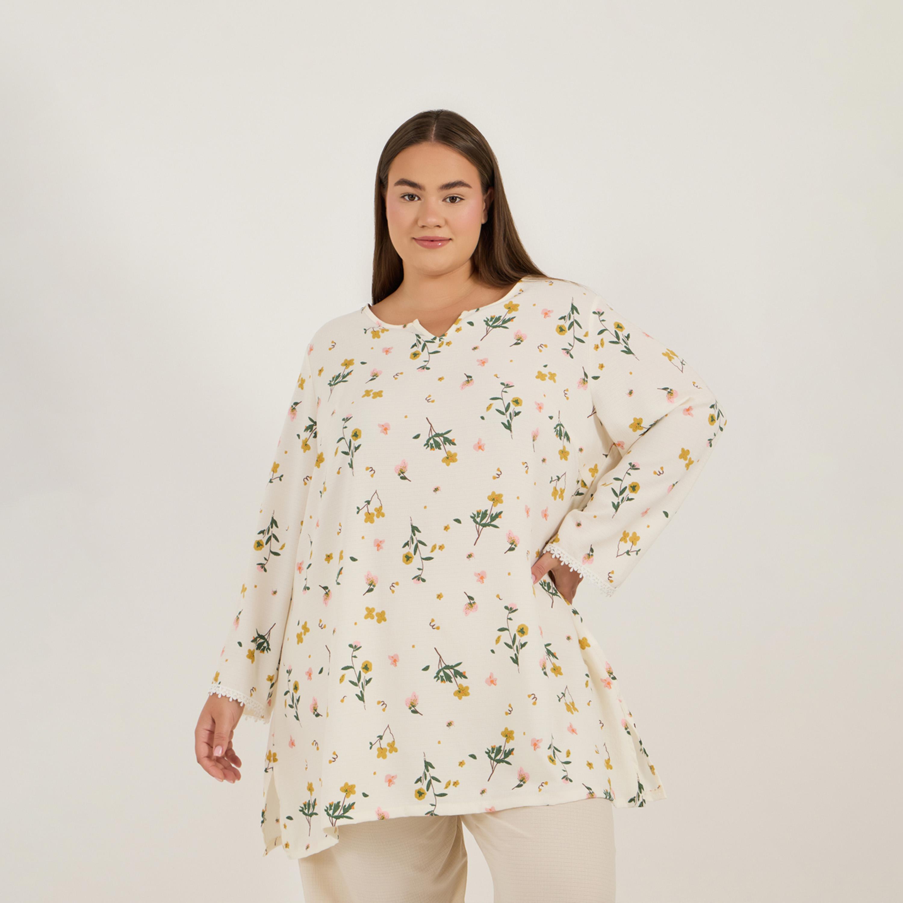ستايلي - طقم قميص طويل مورد بفتحة رقبة صغيرة مع بنطال بيجامة أنوايند مقاس كبير-women-clothing-nightwear-pyjamas-longsets-image-2