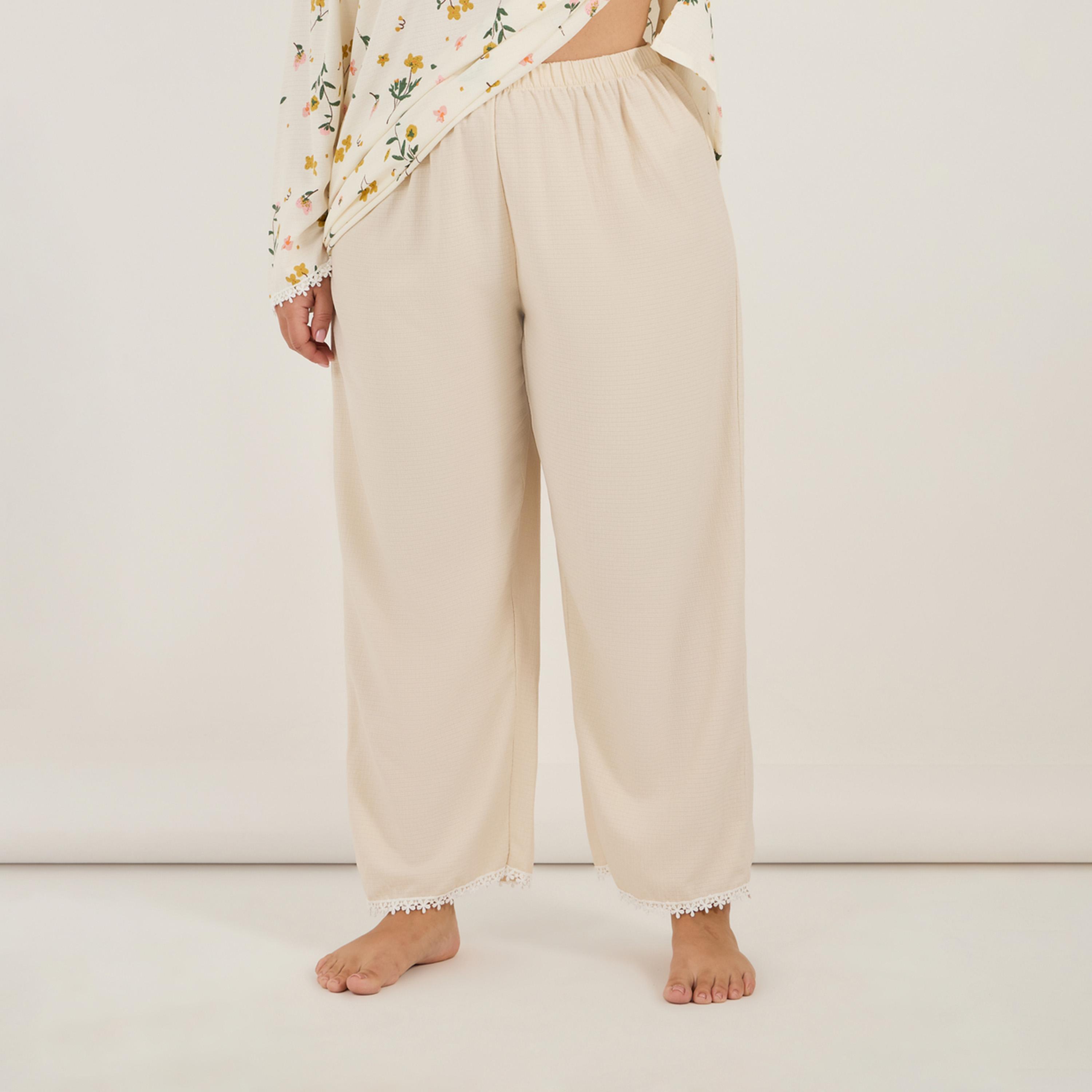 ستايلي - طقم قميص طويل مورد بفتحة رقبة صغيرة مع بنطال بيجامة أنوايند مقاس كبير-women-clothing-nightwear-pyjamas-longsets-image-4