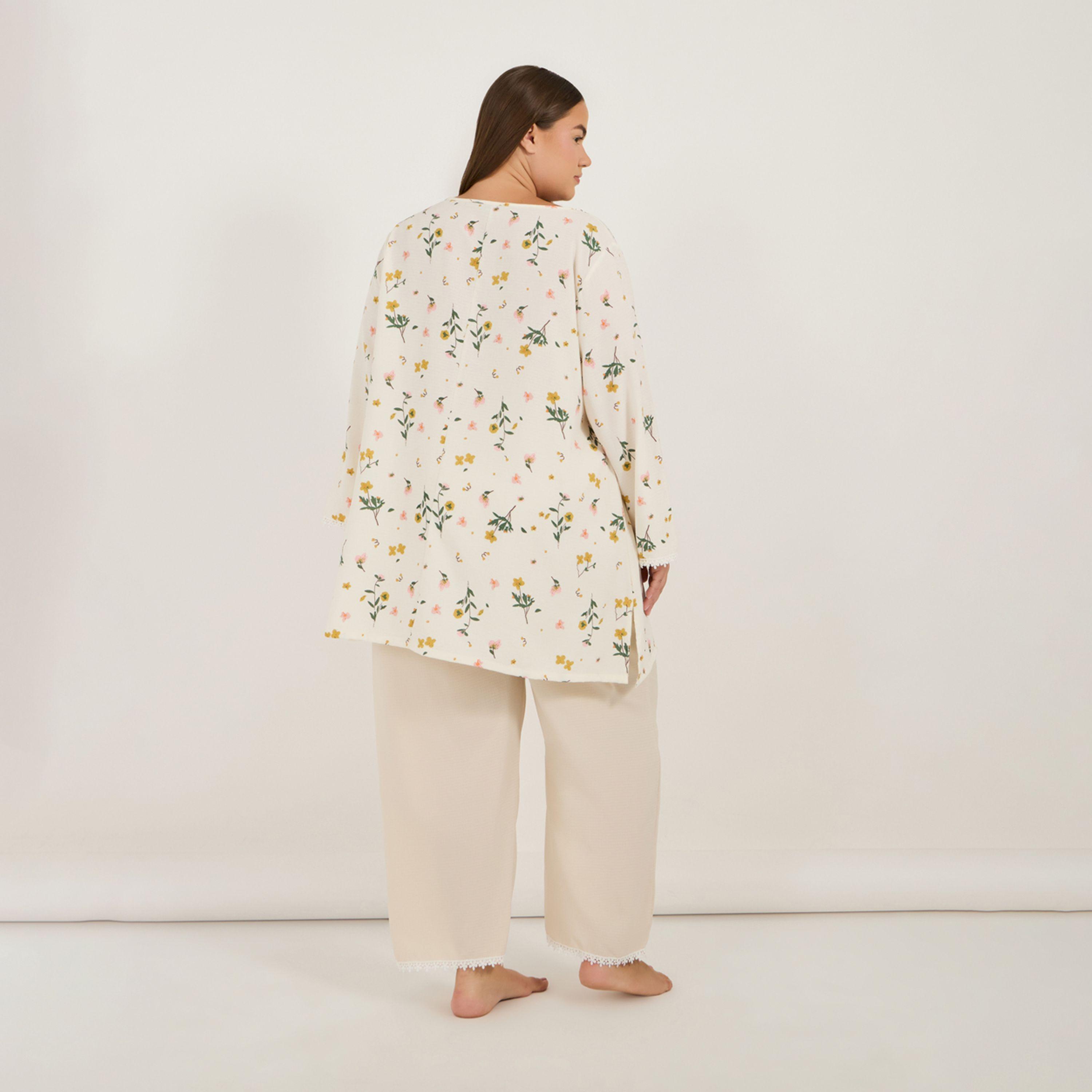 ستايلي - طقم قميص طويل مورد بفتحة رقبة صغيرة مع بنطال بيجامة أنوايند مقاس كبير-women-clothing-nightwear-pyjamas-longsets-image-5