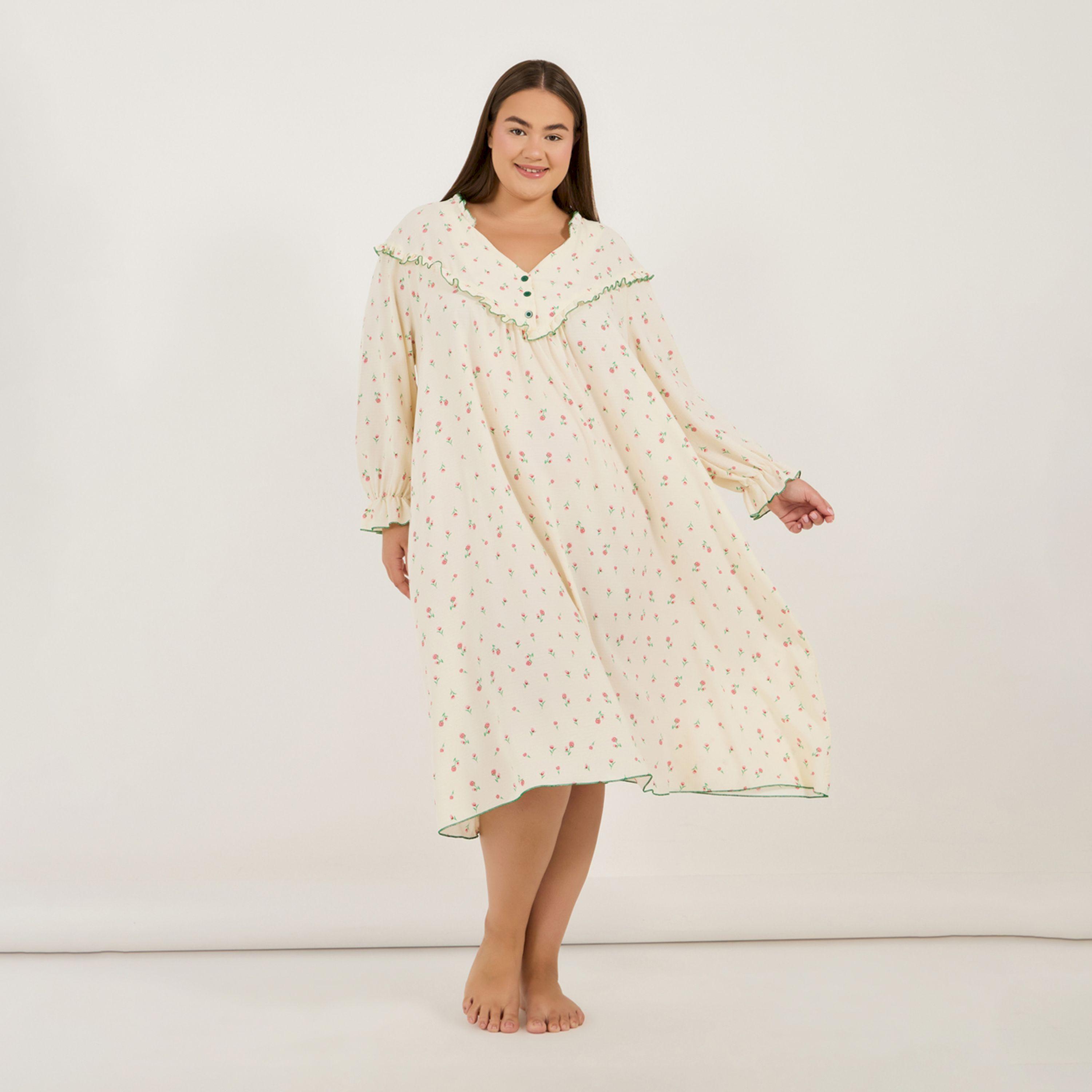 ستايلي - فستان نوم مورد بالكامل مع كشكشة أنوايند مقاس كبير-women-clothing-nightwear-nighties-image-1