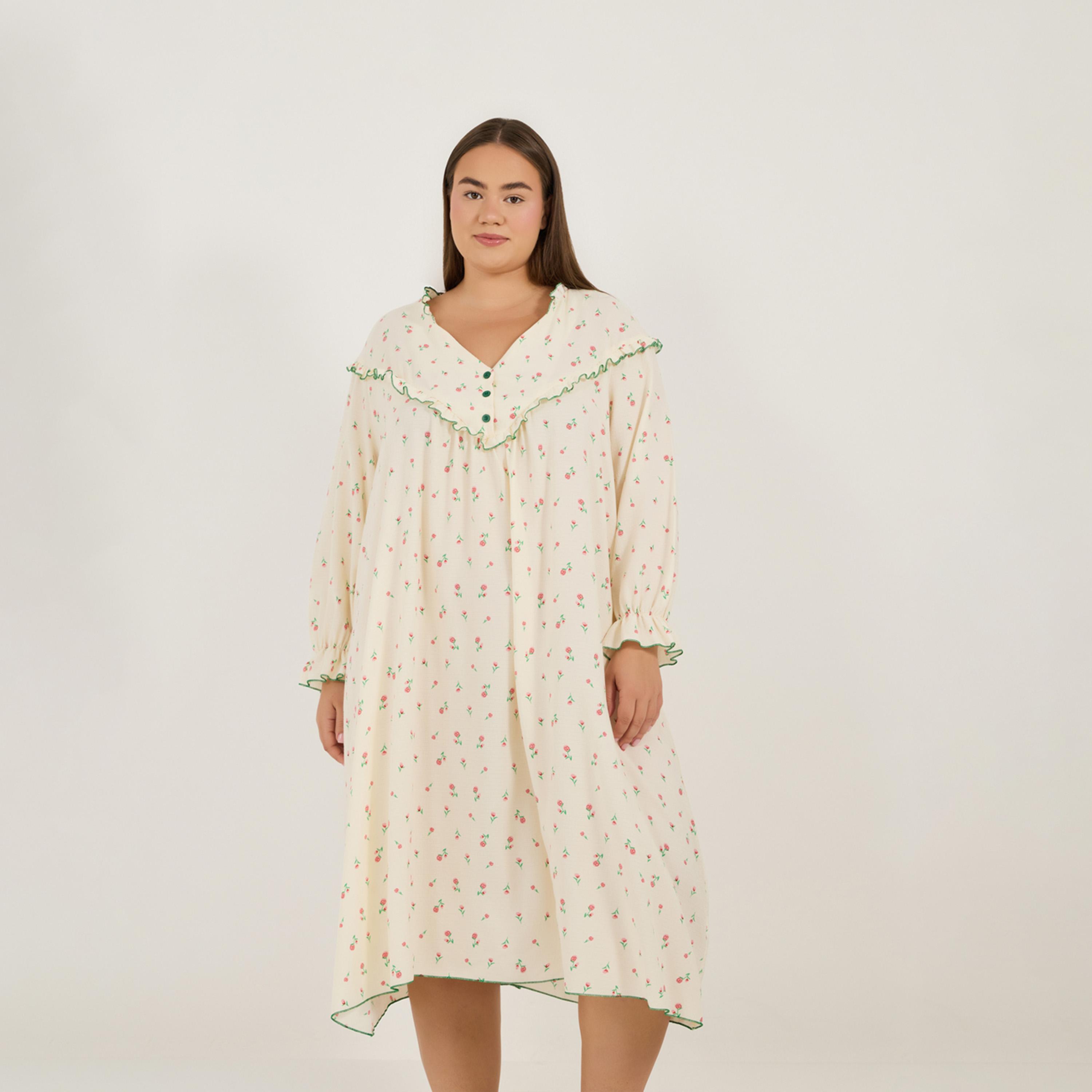 Styli Unwind Plus Size Oversized All Over Floral Print Nightdress with Frill Detail-women-clothing-nightwear-nighties-image-2