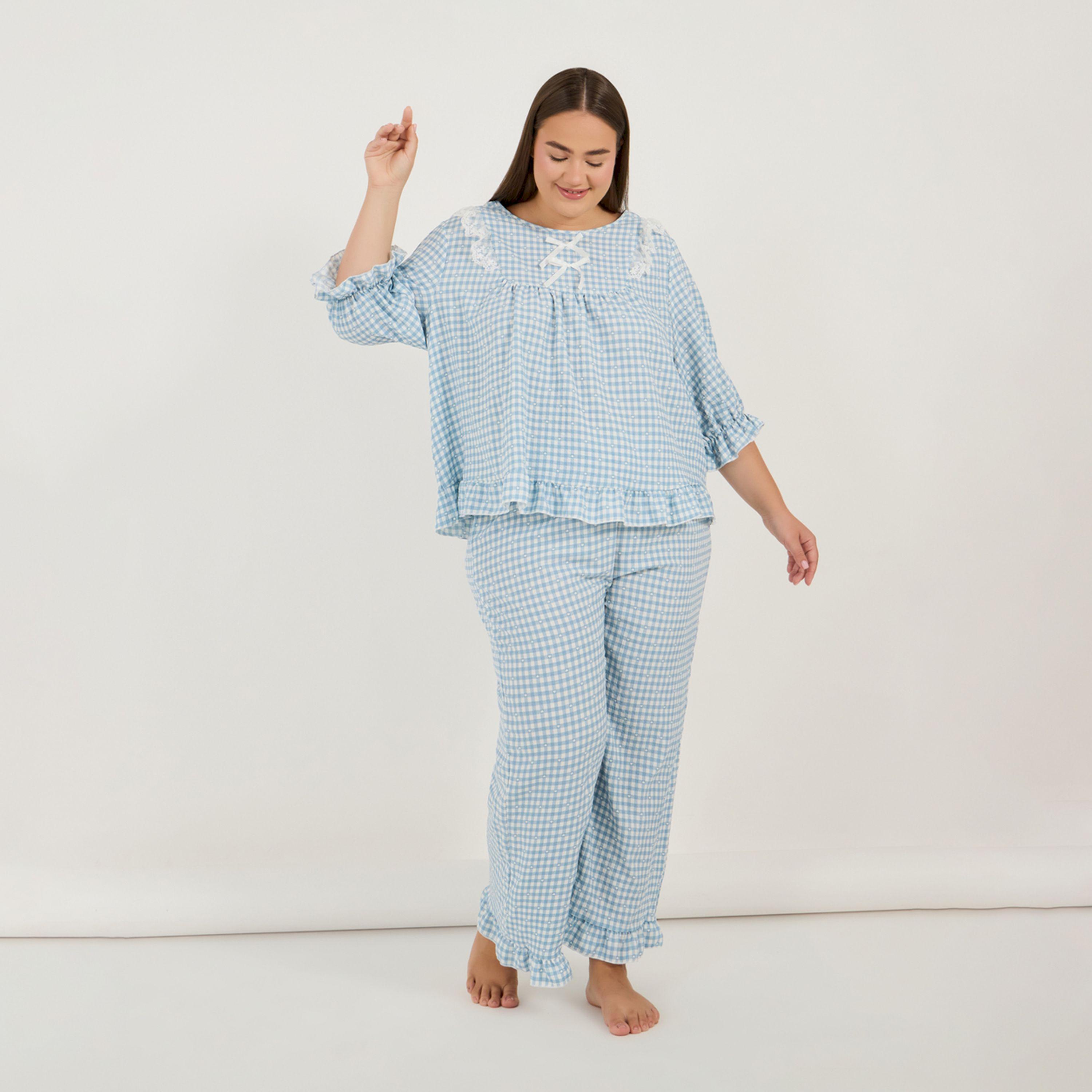 Styli Unwind Plus Size Gingham Check Frill Detail Round Neck Top & Pyjama Set-women-clothing-nightwear-pyjamas-longsets-image-1