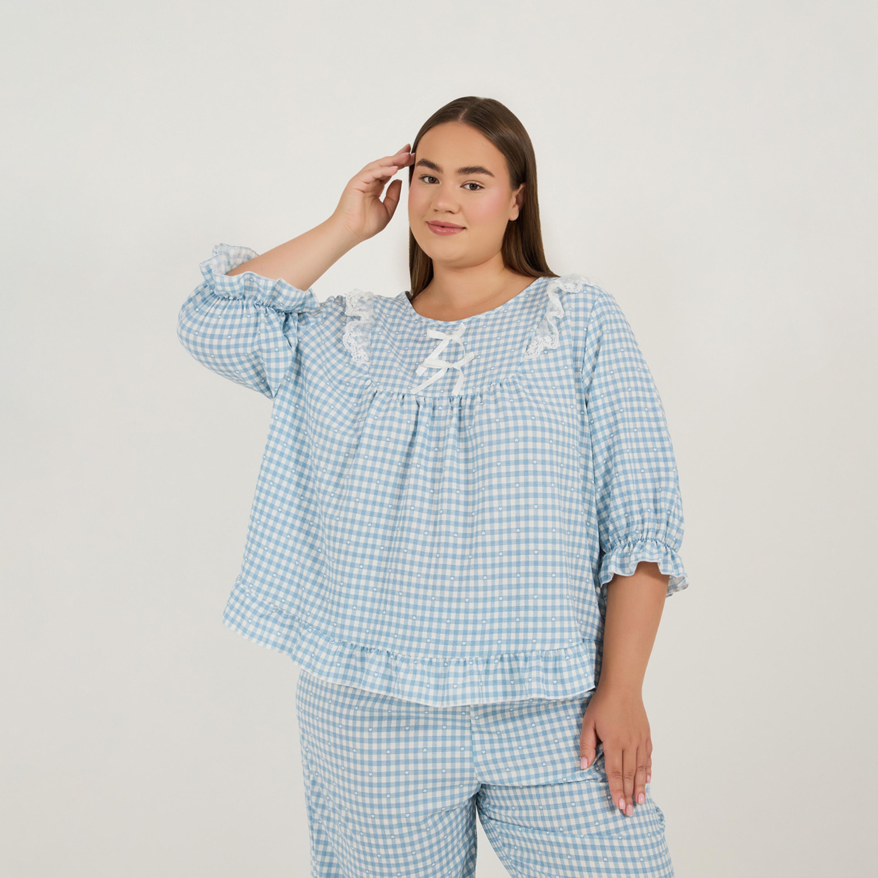 Styli Unwind Plus Size Gingham Check Frill Detail Round Neck Top & Pyjama Set-women-clothing-nightwear-pyjamas-longsets-image-2