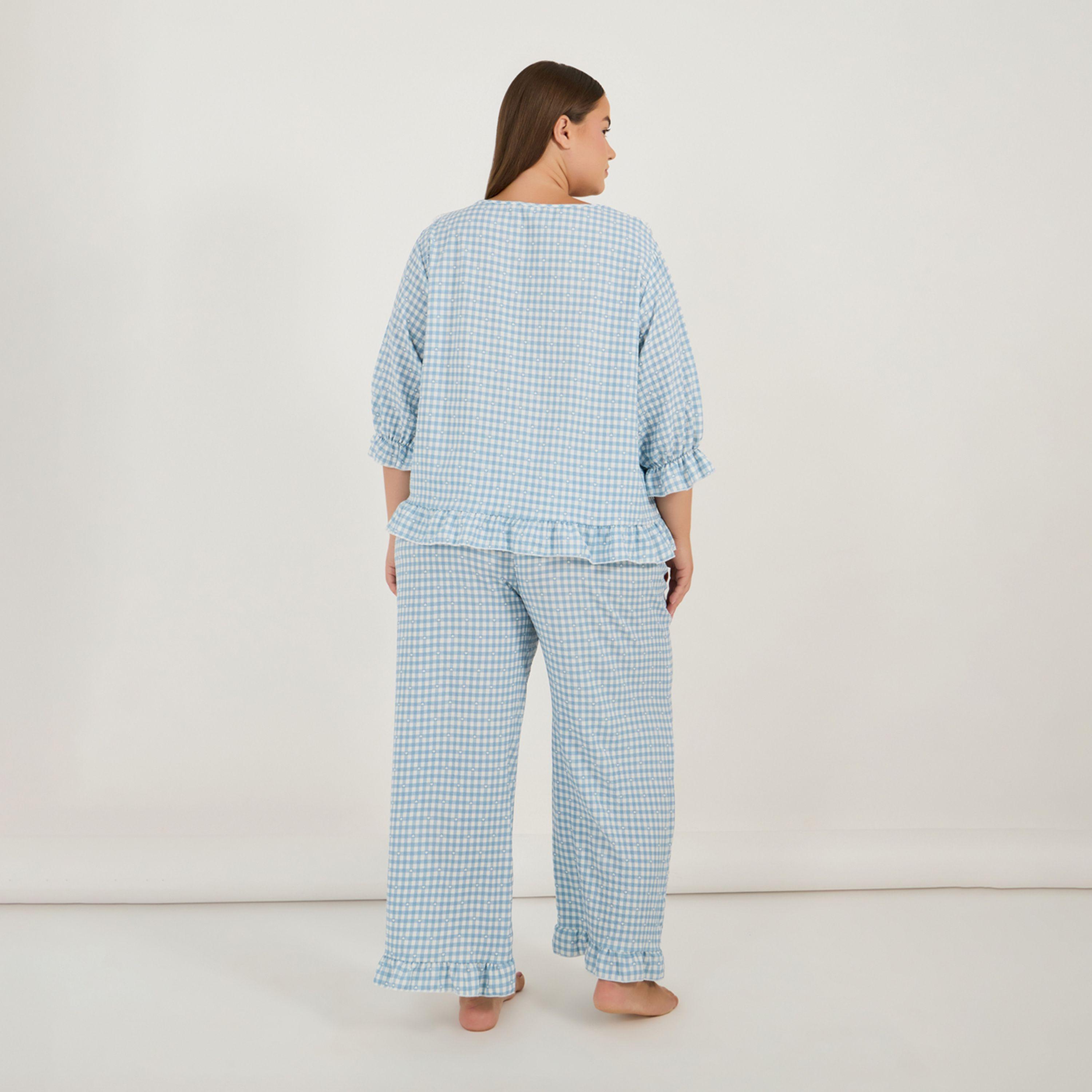Styli Unwind Plus Size Gingham Check Frill Detail Round Neck Top & Pyjama Set-women-clothing-nightwear-pyjamas-longsets-image-5