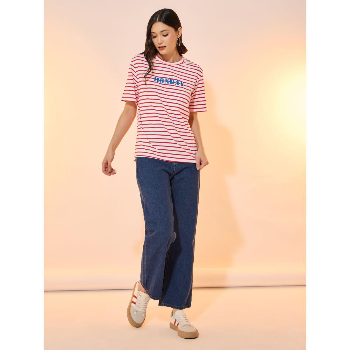 Take Two Stripes Slogan Print Round Neck Oversized T-Shirt-women-clothing-tshirts-image-2