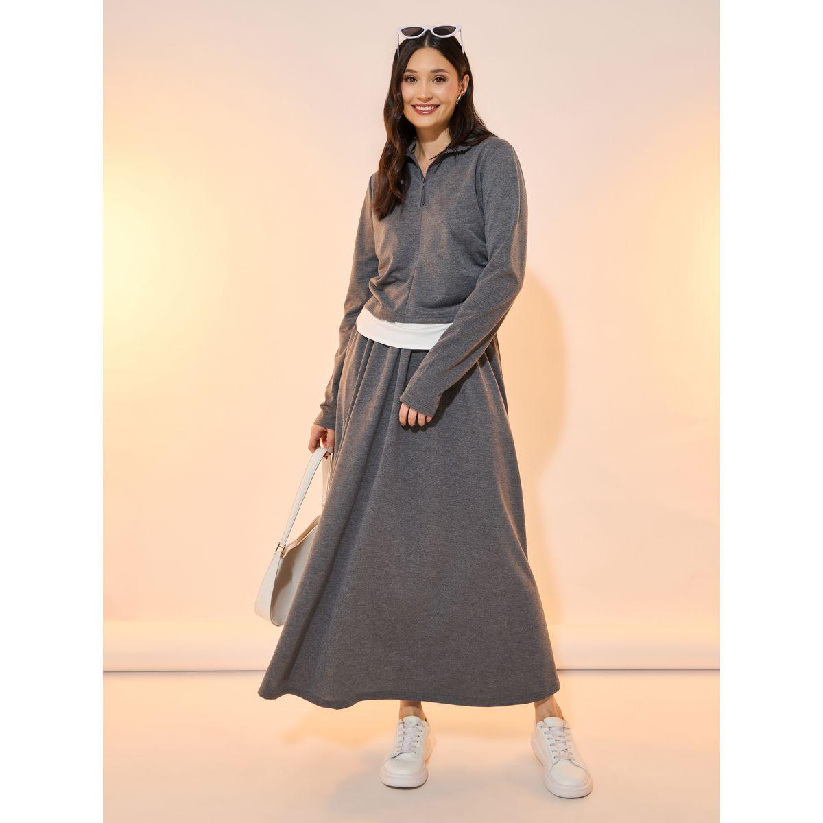طقم منسق من تنورة طويلة مع هودي ميلانج بسحَّاب غلق-women-clothing-coordsets-image-1