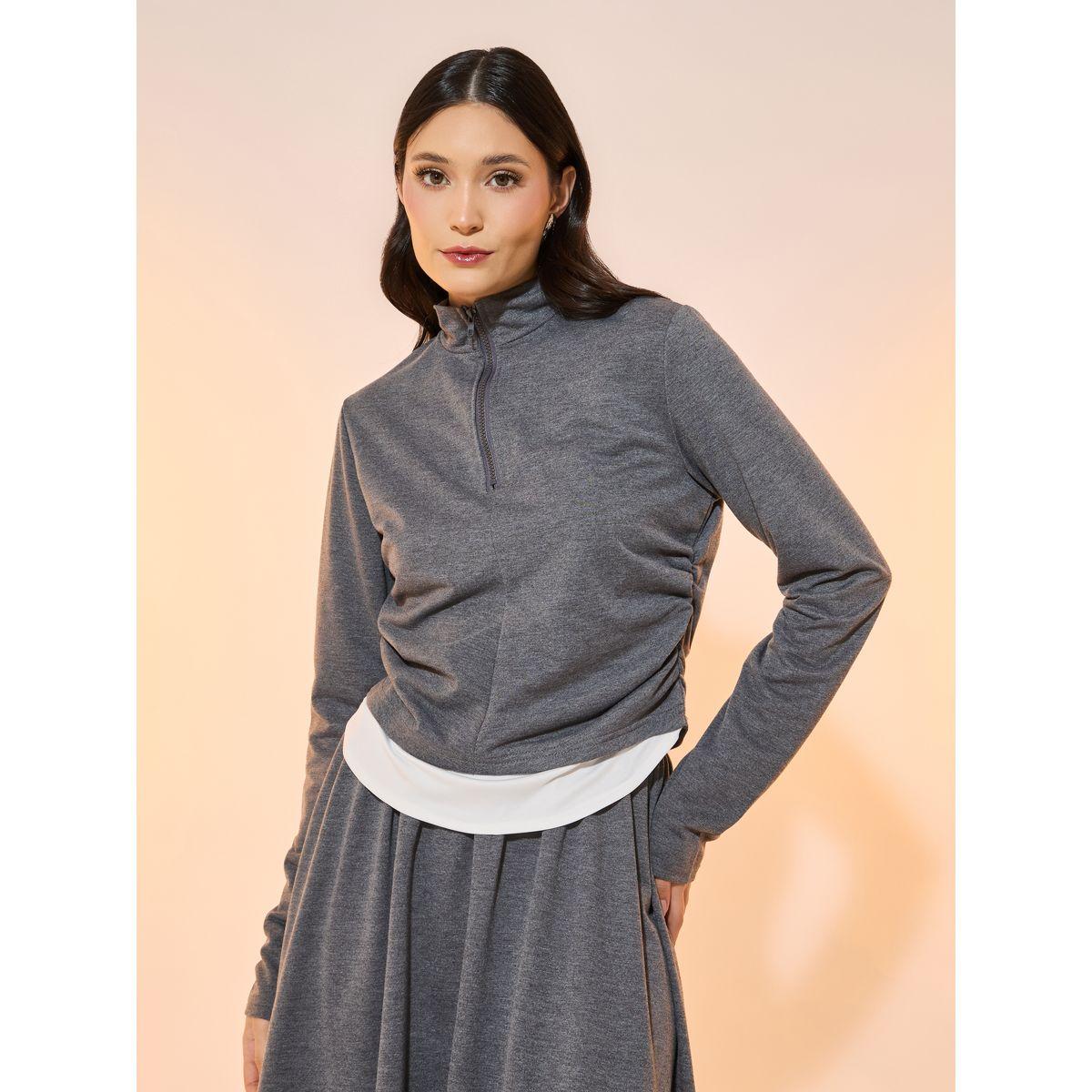 طقم منسق من تنورة طويلة مع هودي ميلانج بسحَّاب غلق-women-clothing-coordsets-image-2