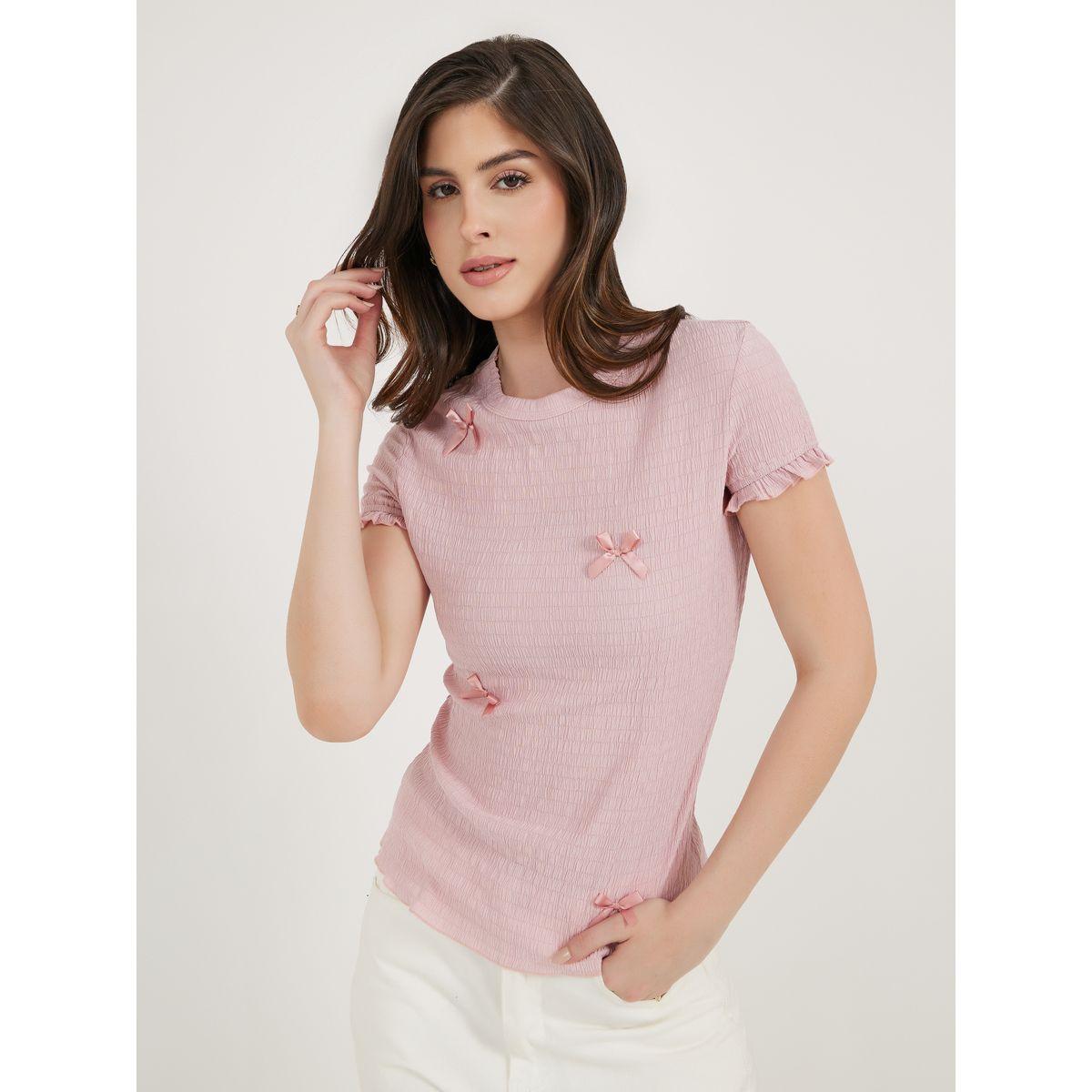 Styli Bow Accent Textured Slim Fit Top with Frill Cuff-women-clothing-shirtsandblouses-blouses-image-1