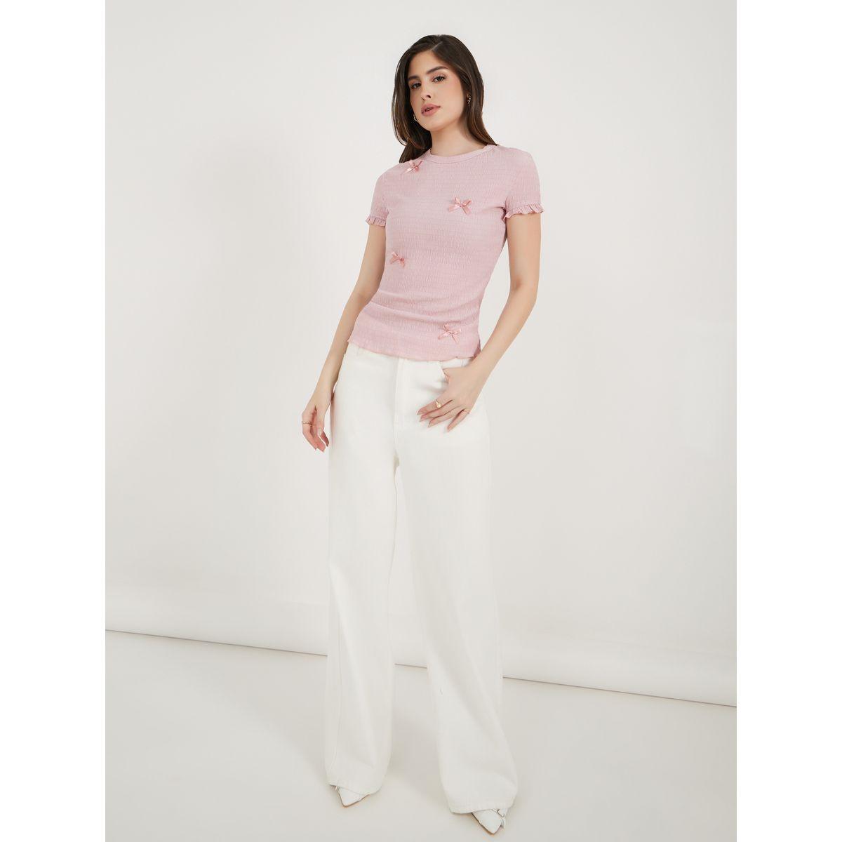 Styli Bow Accent Textured Slim Fit Top with Frill Cuff-women-clothing-shirtsandblouses-blouses-image-2