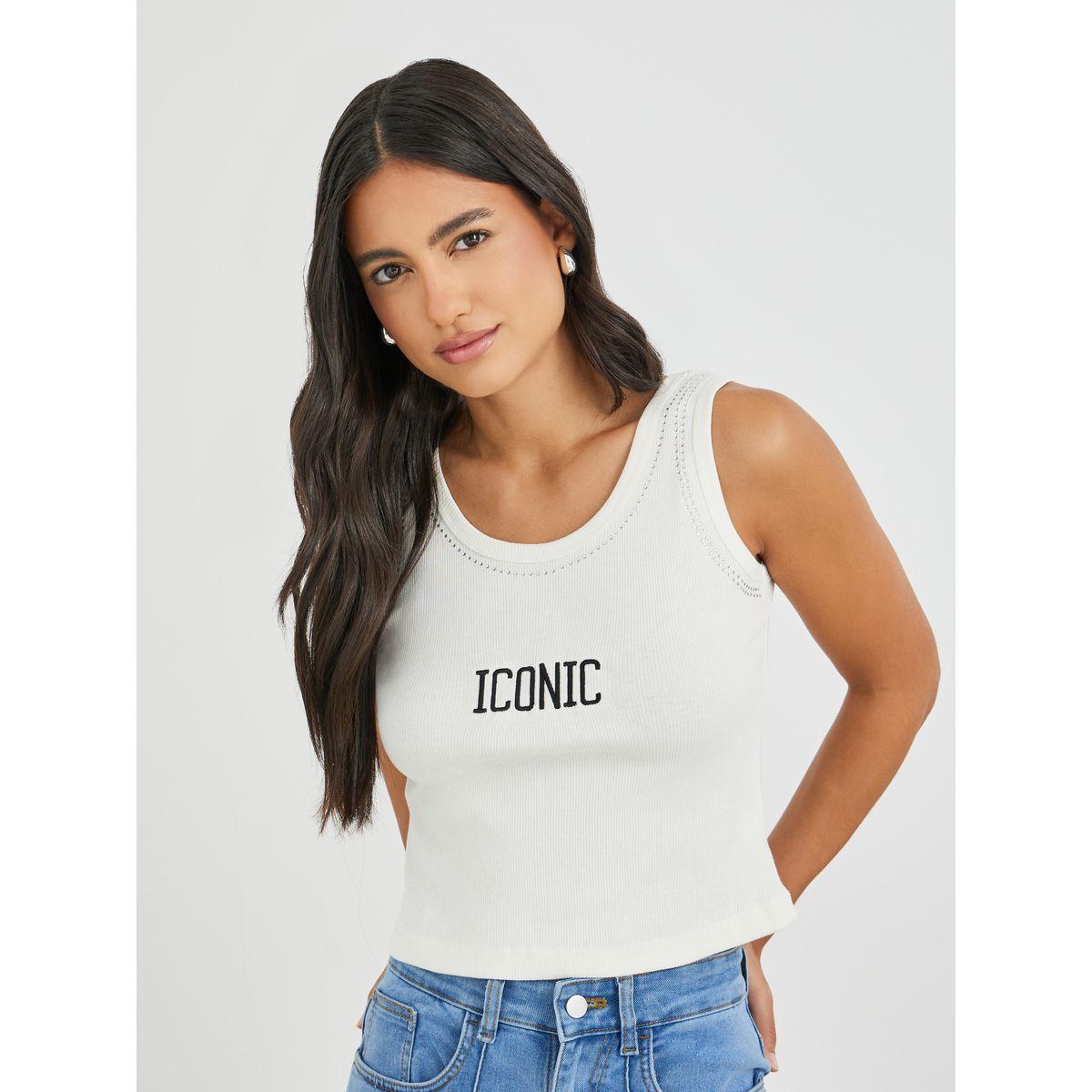 Styli Slogan Embroidered Ribbed Fitted Tank Top with Rhinestone Detail-women-clothing-tshirts-image-1