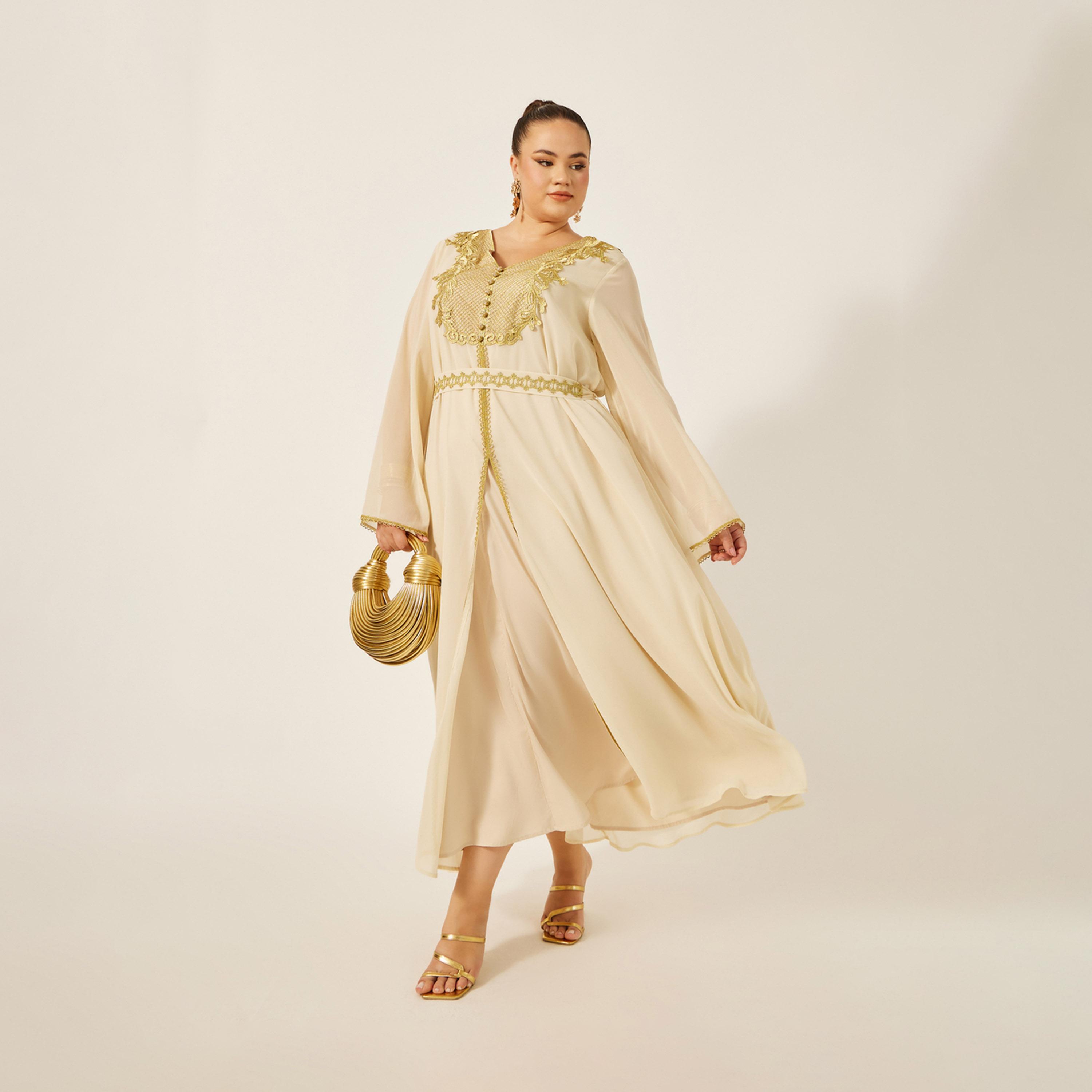 أميرة x ستايلي قفطان بمقاس كبير بتداخلات دانتيل مع حزام خصر-women-arabicclothing-kaftan-image-1