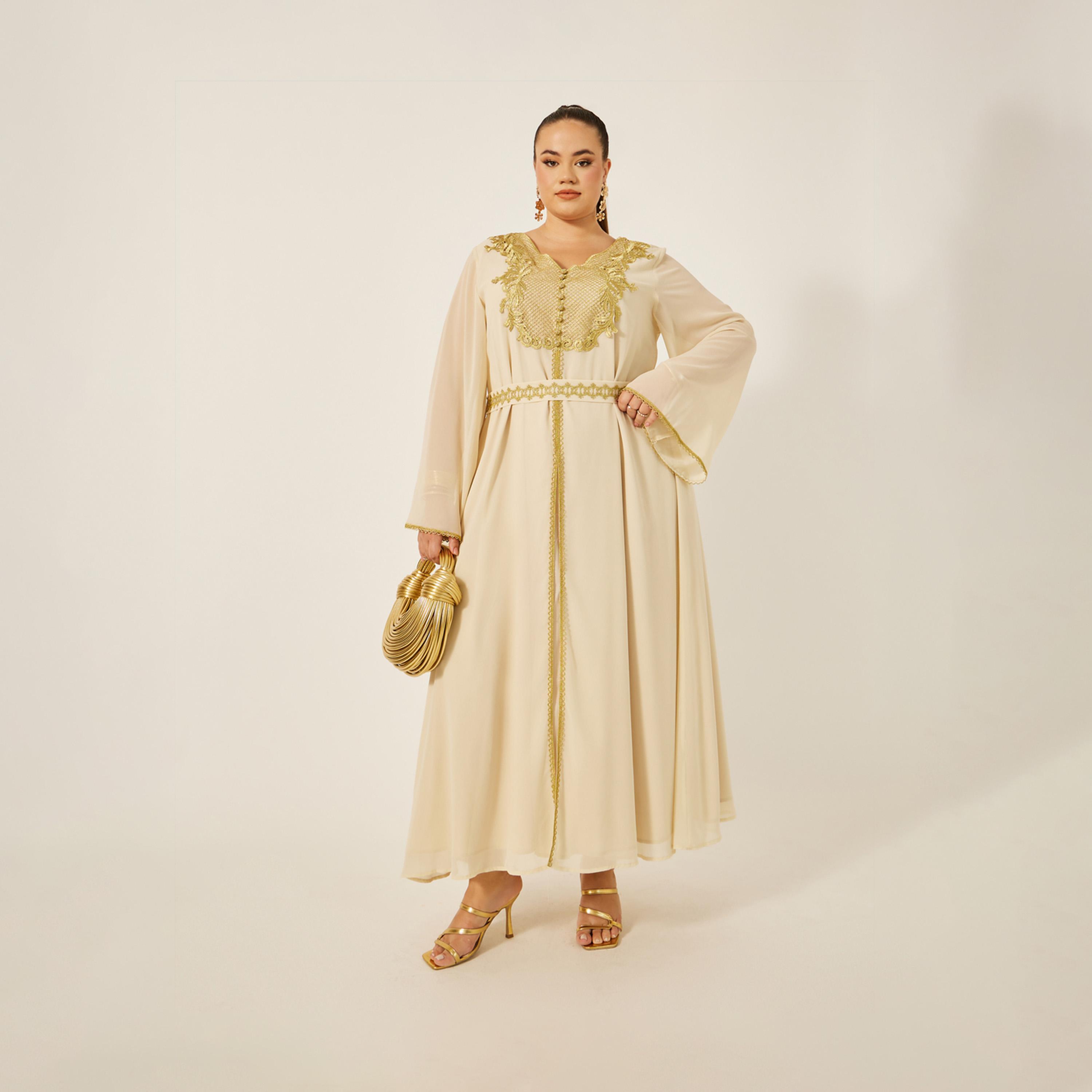 أميرة x ستايلي قفطان بمقاس كبير بتداخلات دانتيل مع حزام خصر-women-arabicclothing-kaftan-image-2