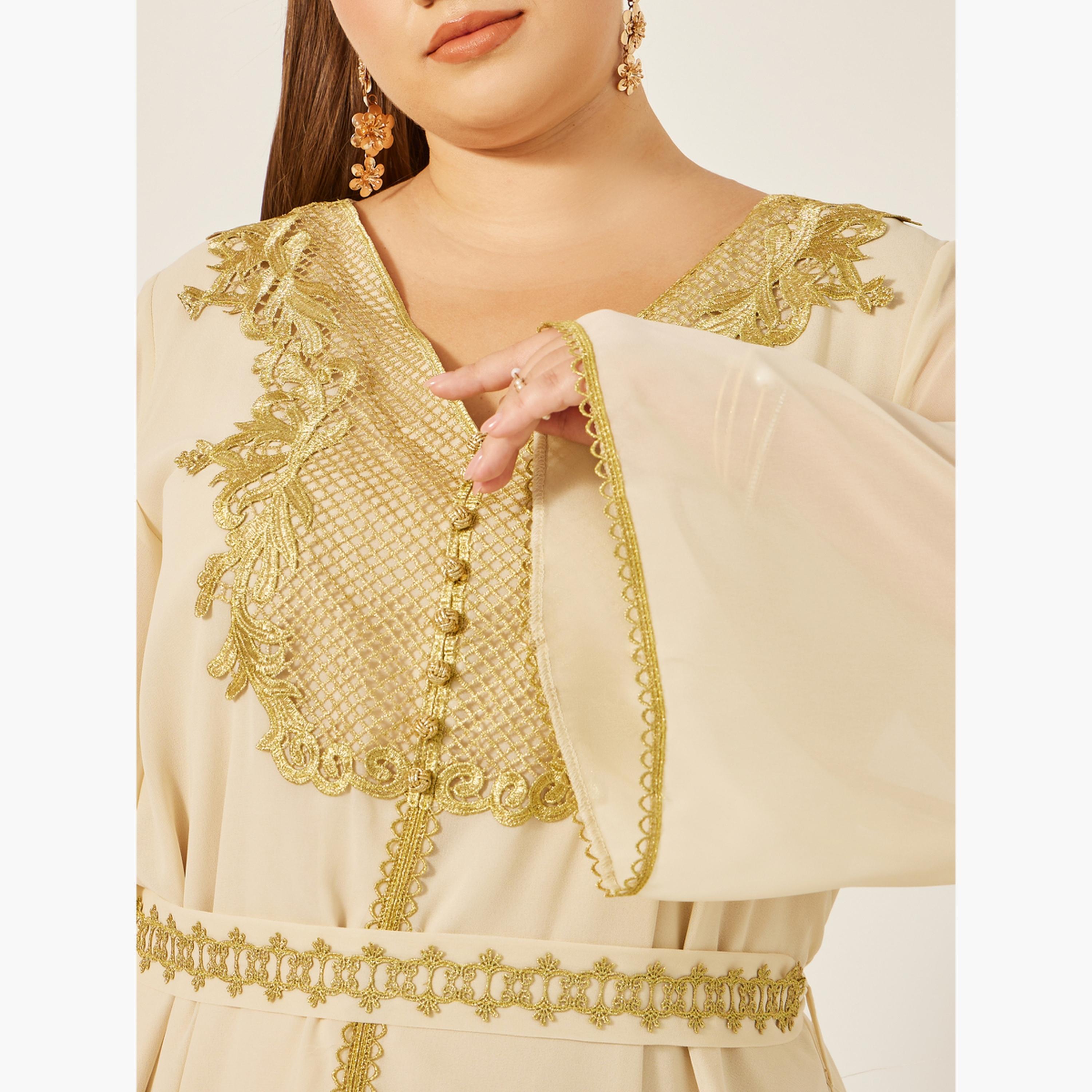 Amirah X Styli Plus Size Lace Insert Kaftan with Waist Belt Detail-women-arabicclothing-kaftan-image-4