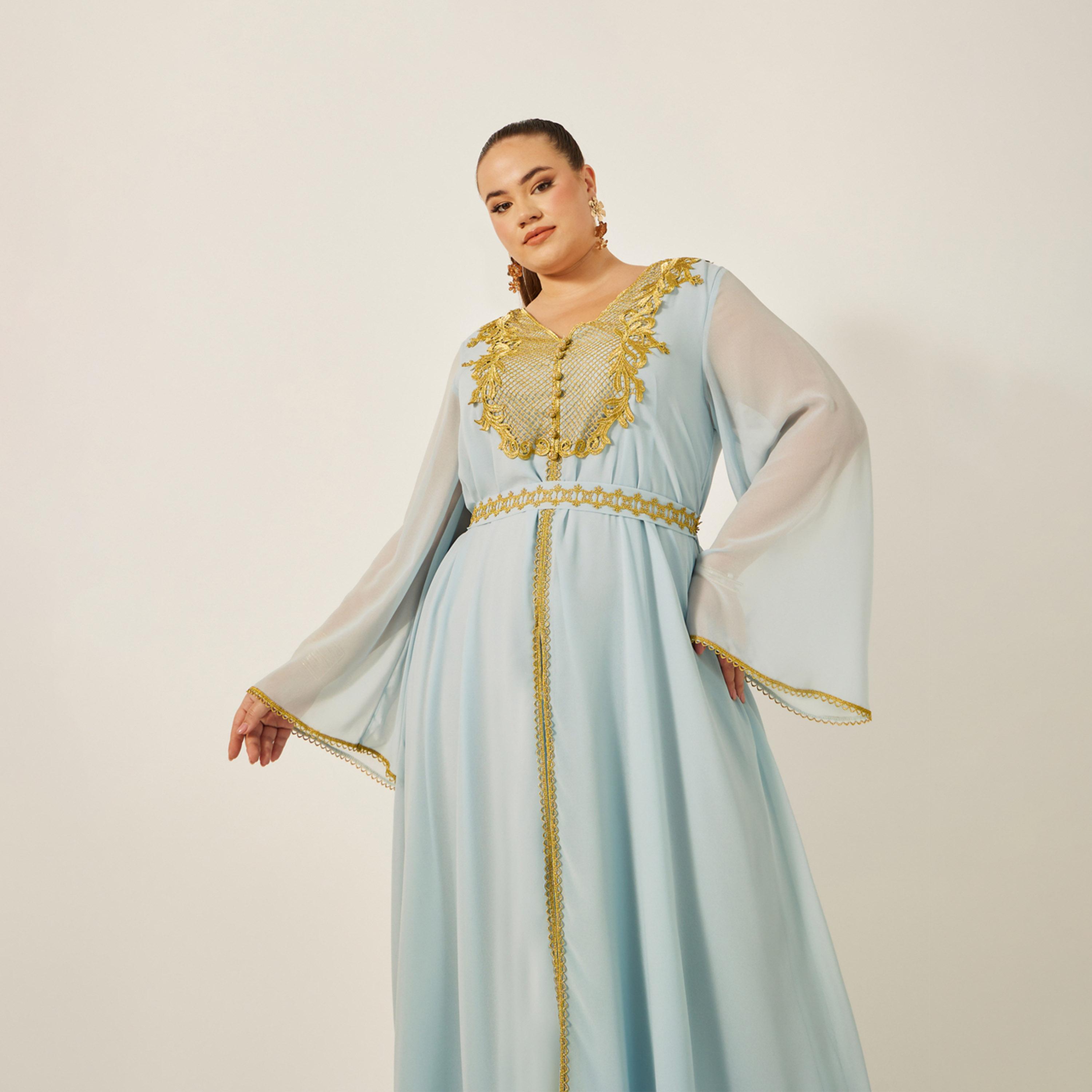 ستايلي - قفطان بمقاس كبير مع حزام خصر بتفاصيل دانتيل-women-arabicclothing-kaftan-image-3