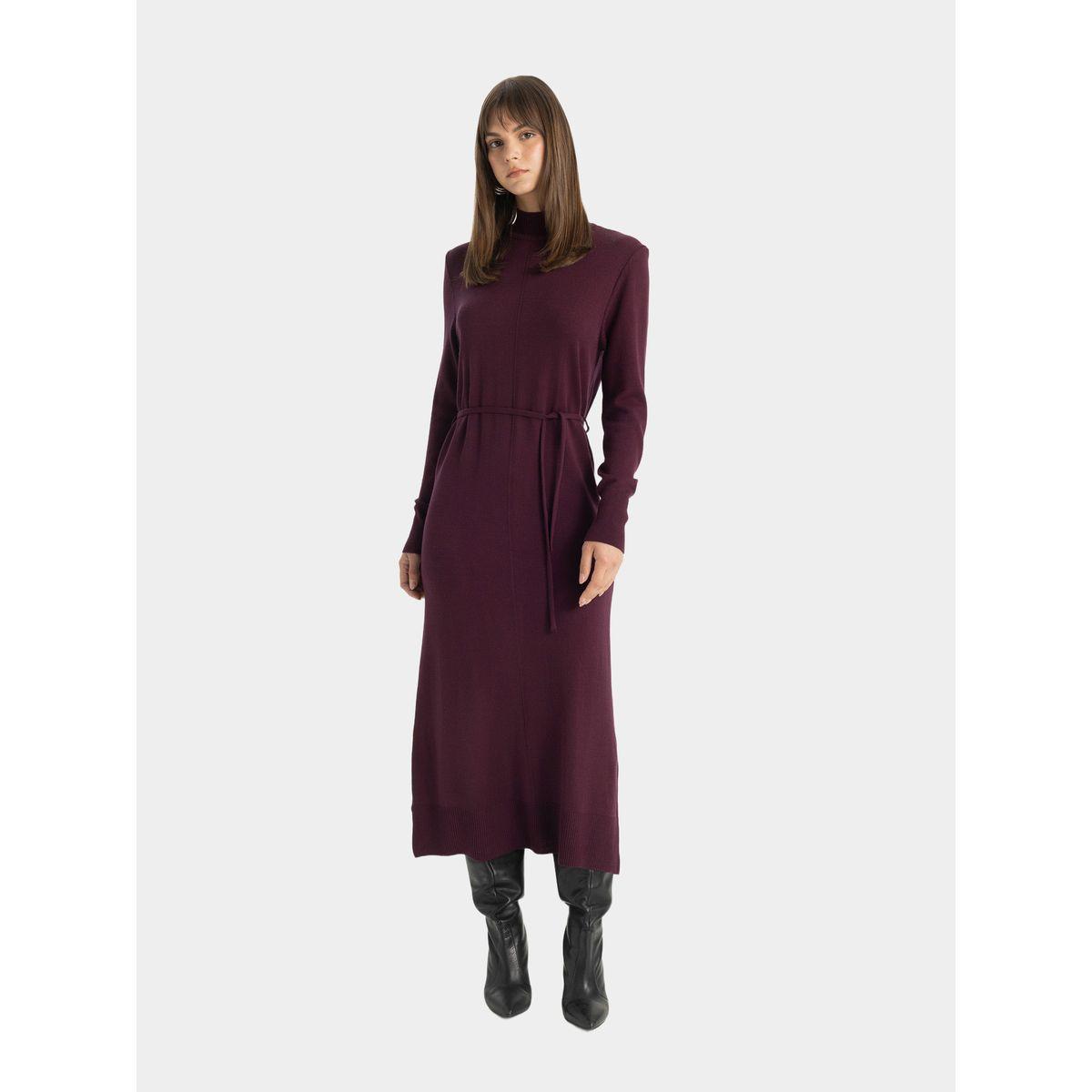 فستان طويل محبوك سادة بياقة عالية ديفاكتو × ستايلي-women-clothing-dresses-image-3