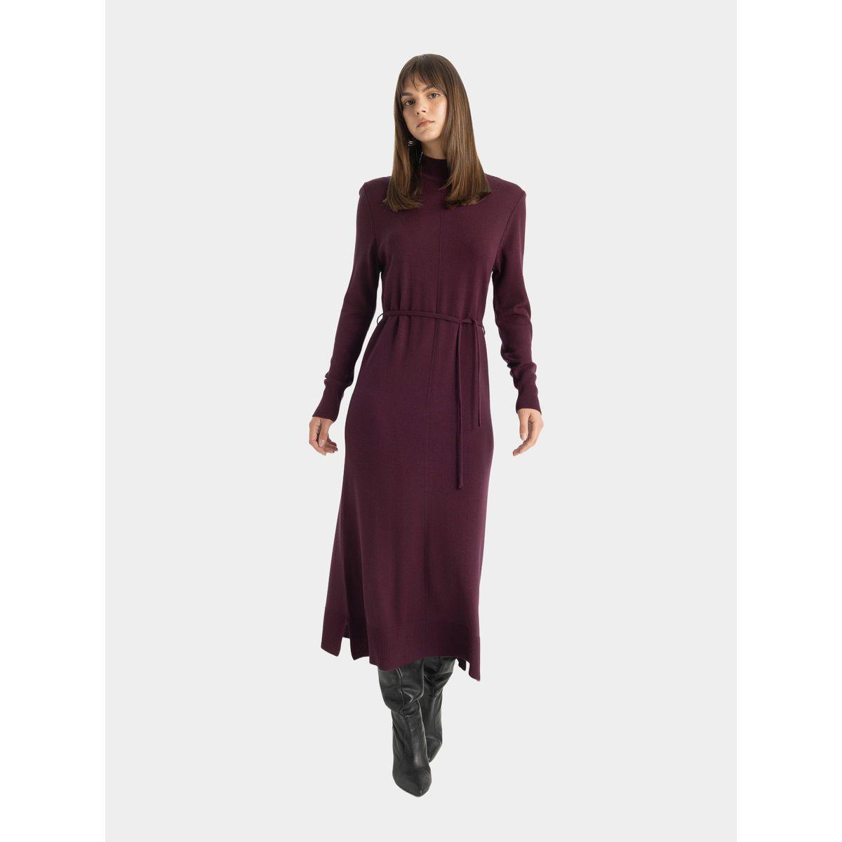 فستان طويل محبوك سادة بياقة عالية ديفاكتو × ستايلي-women-clothing-dresses-image-4