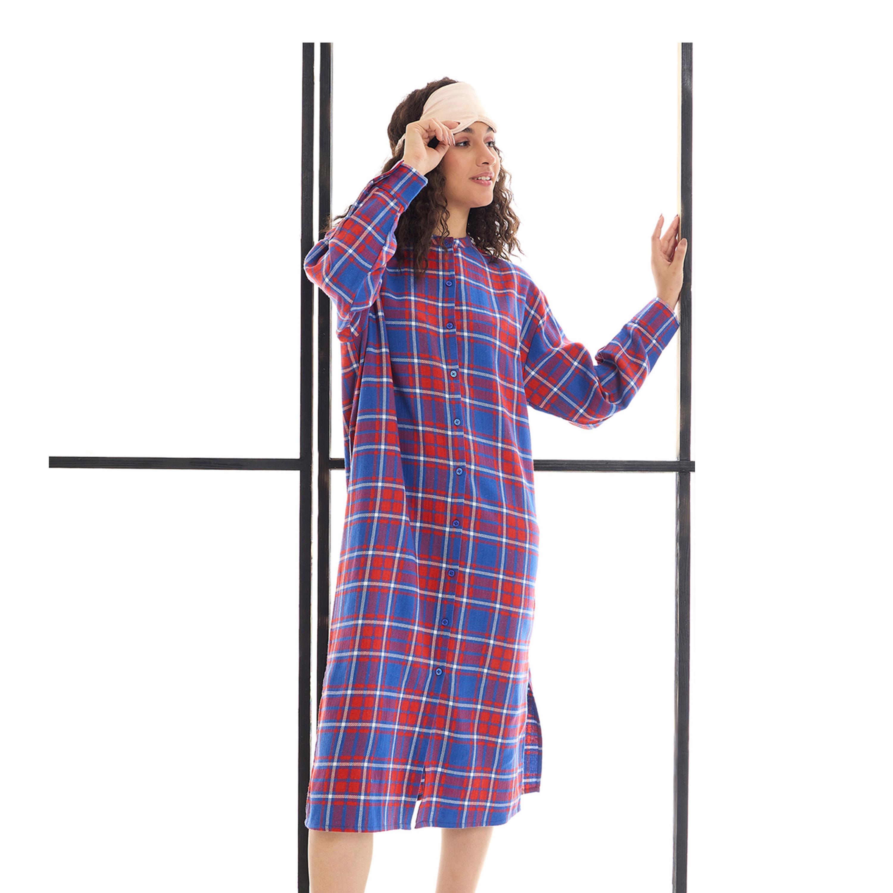 Sassafras X Styli Checked Mandarin Collar Longline Shirt Dress-women-clothing-nightwear-nighties-image-1