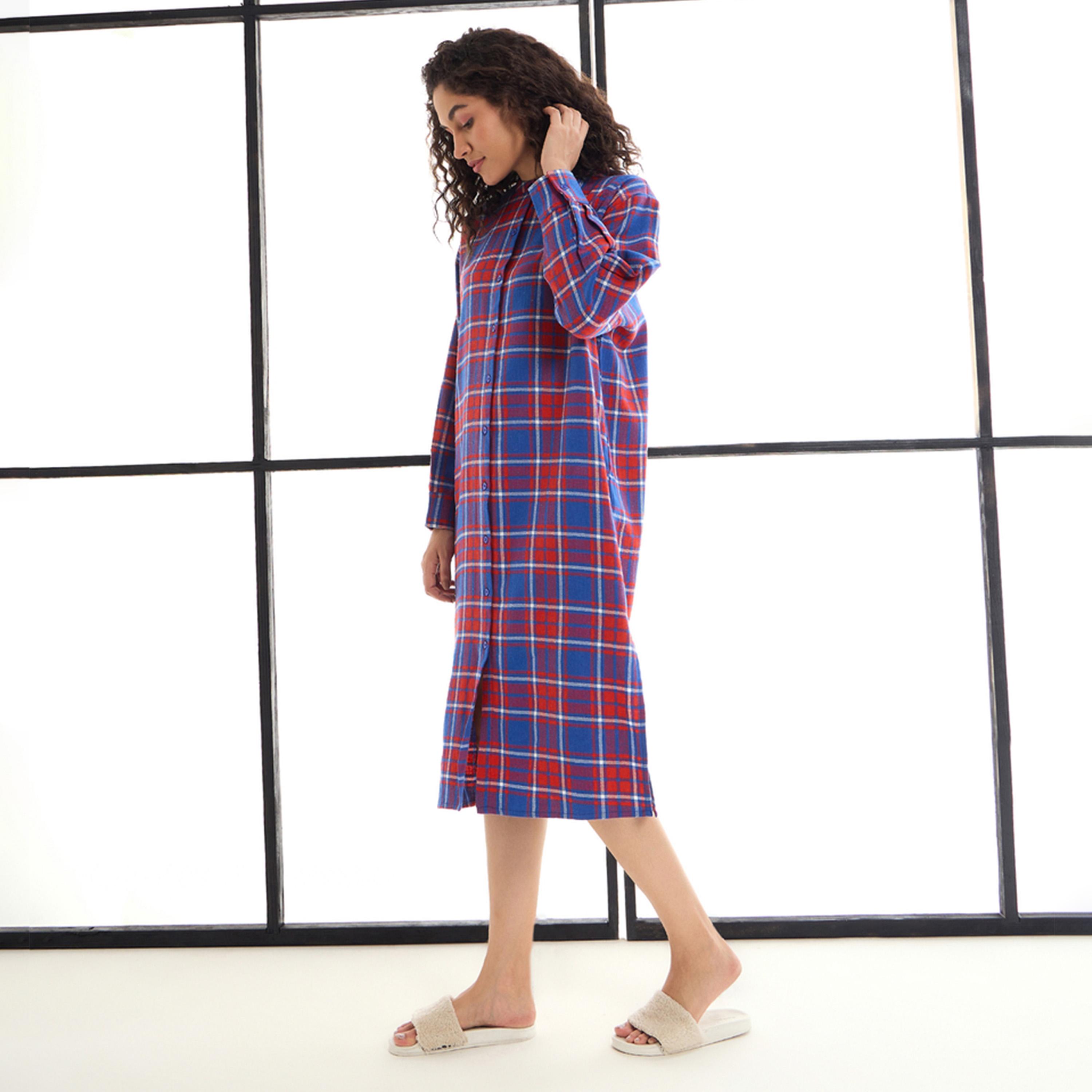 Sassafras X Styli Checked Mandarin Collar Longline Shirt Dress-women-clothing-nightwear-nighties-image-3