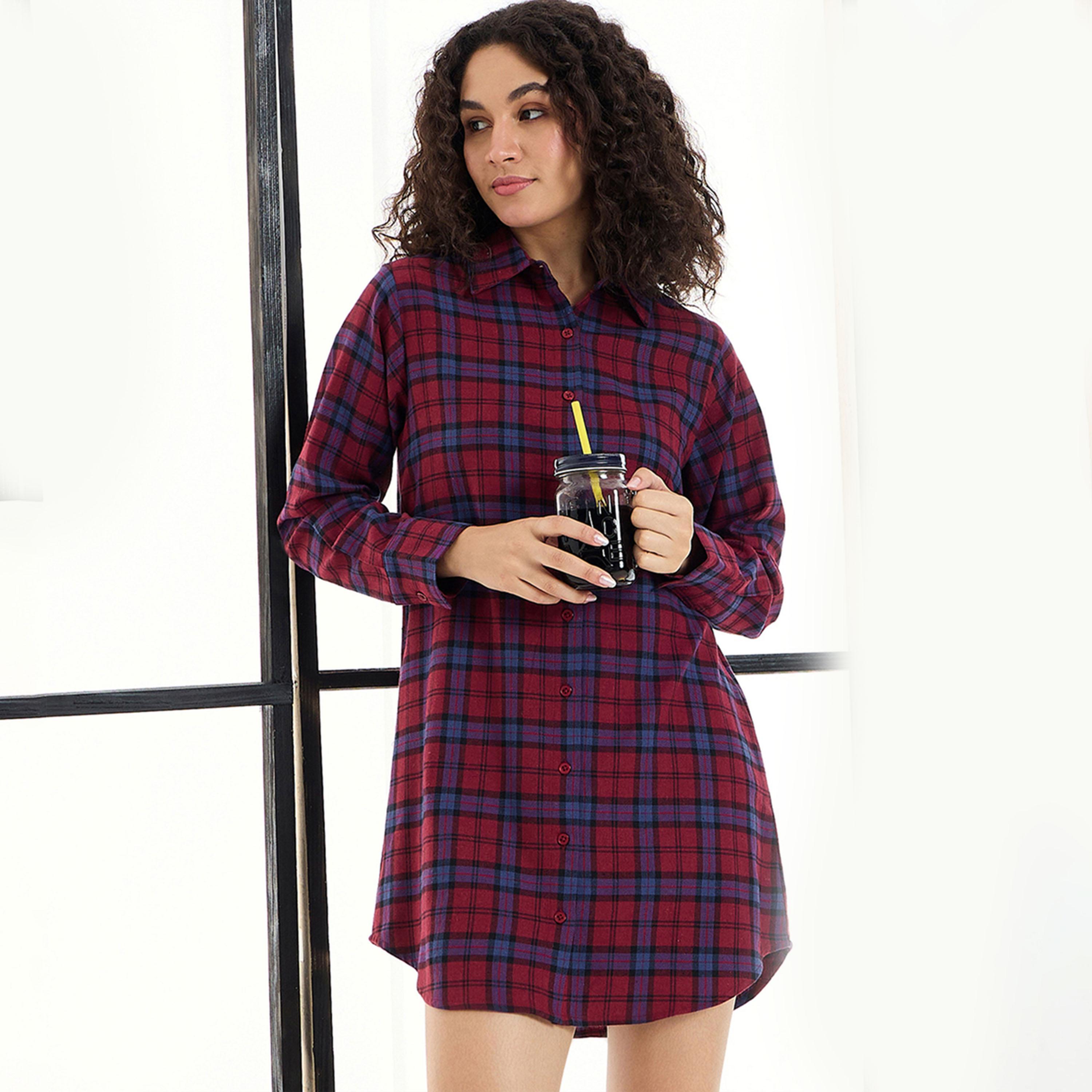 Sassafras X Styli Cotton Checked Lounge Longline Shirt-women-clothing-nightwear-nighties-image-1