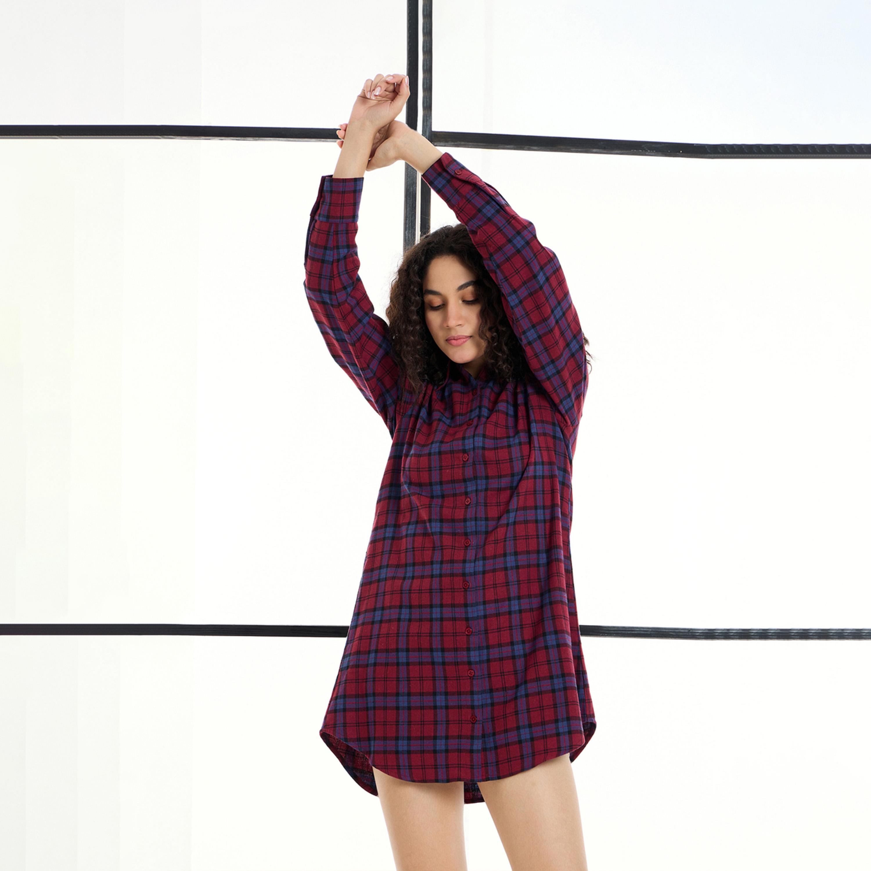 Sassafras X Styli Cotton Checked Lounge Longline Shirt-women-clothing-nightwear-nighties-image-6