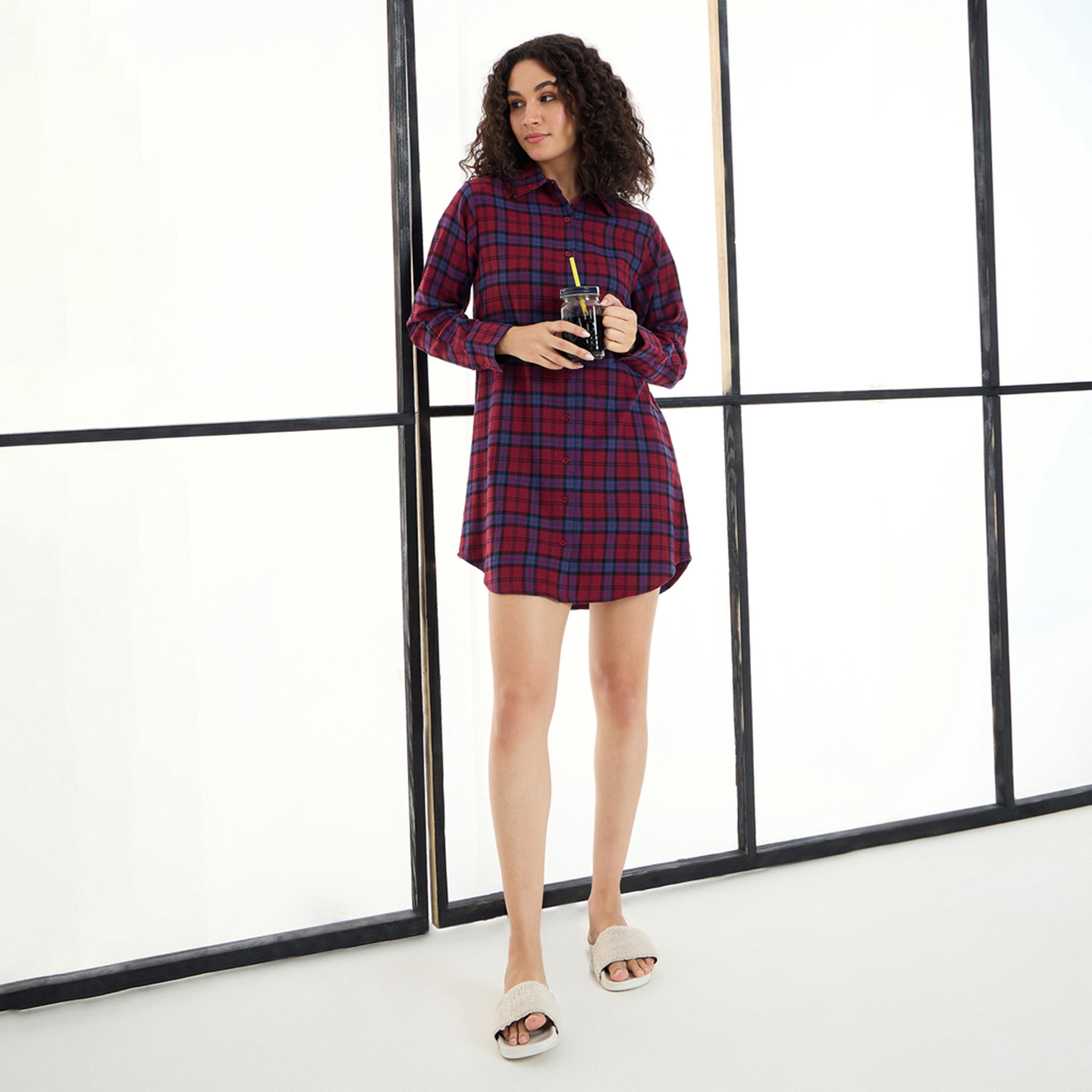 Sassafras X Styli Cotton Checked Lounge Longline Shirt-women-clothing-nightwear-nighties-image-7