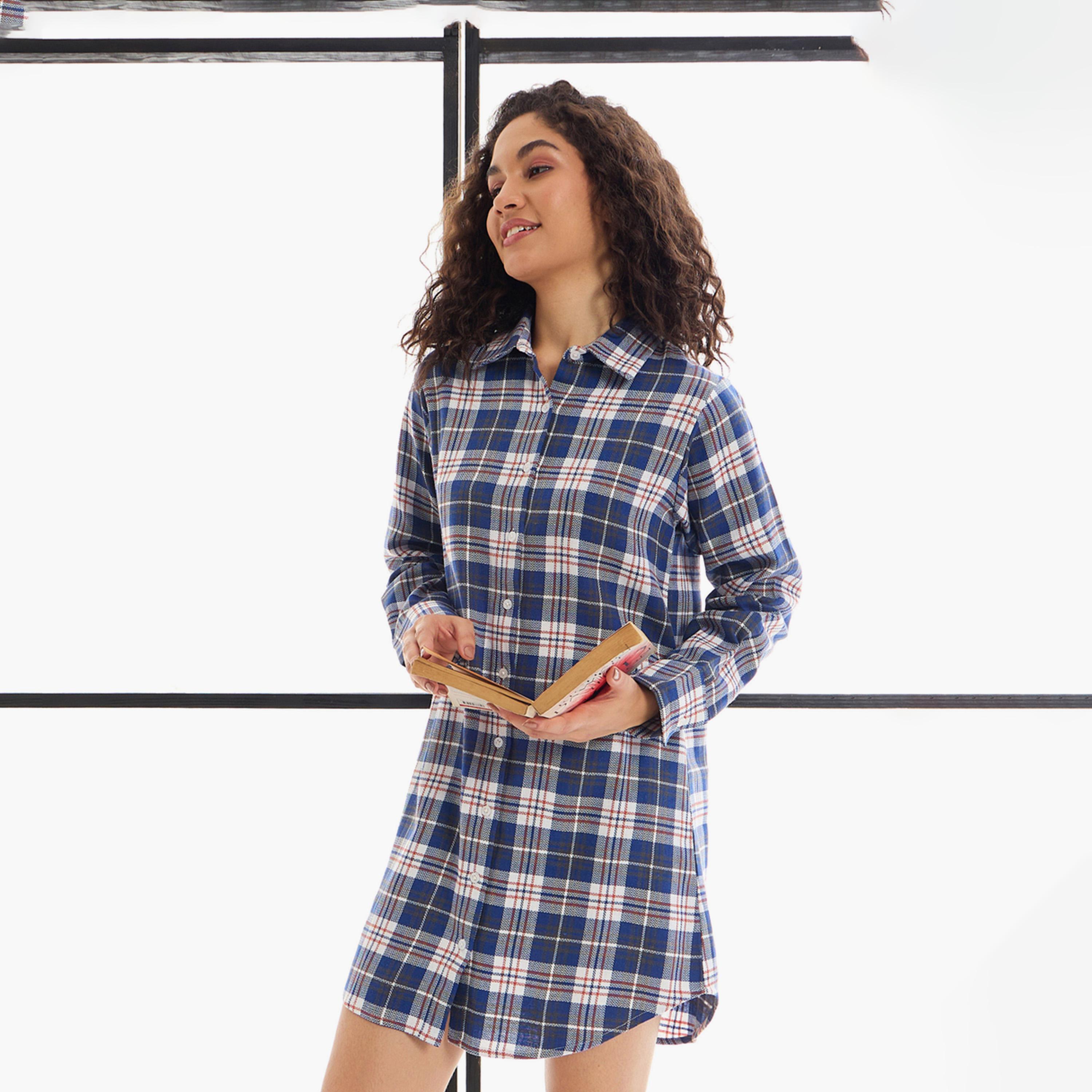 Sassafras X Styli Cotton Checked Lounge Longline Shirt-women-clothing-nightwear-nighties-image-2