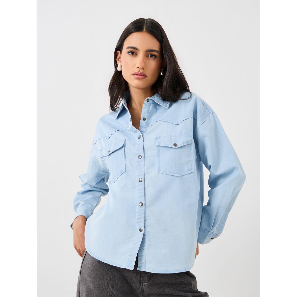 بلوزة دنيم سادة فضفاضة بأكتاف منخفضة-women-clothing-shirtsandblouses-shirts-image-1