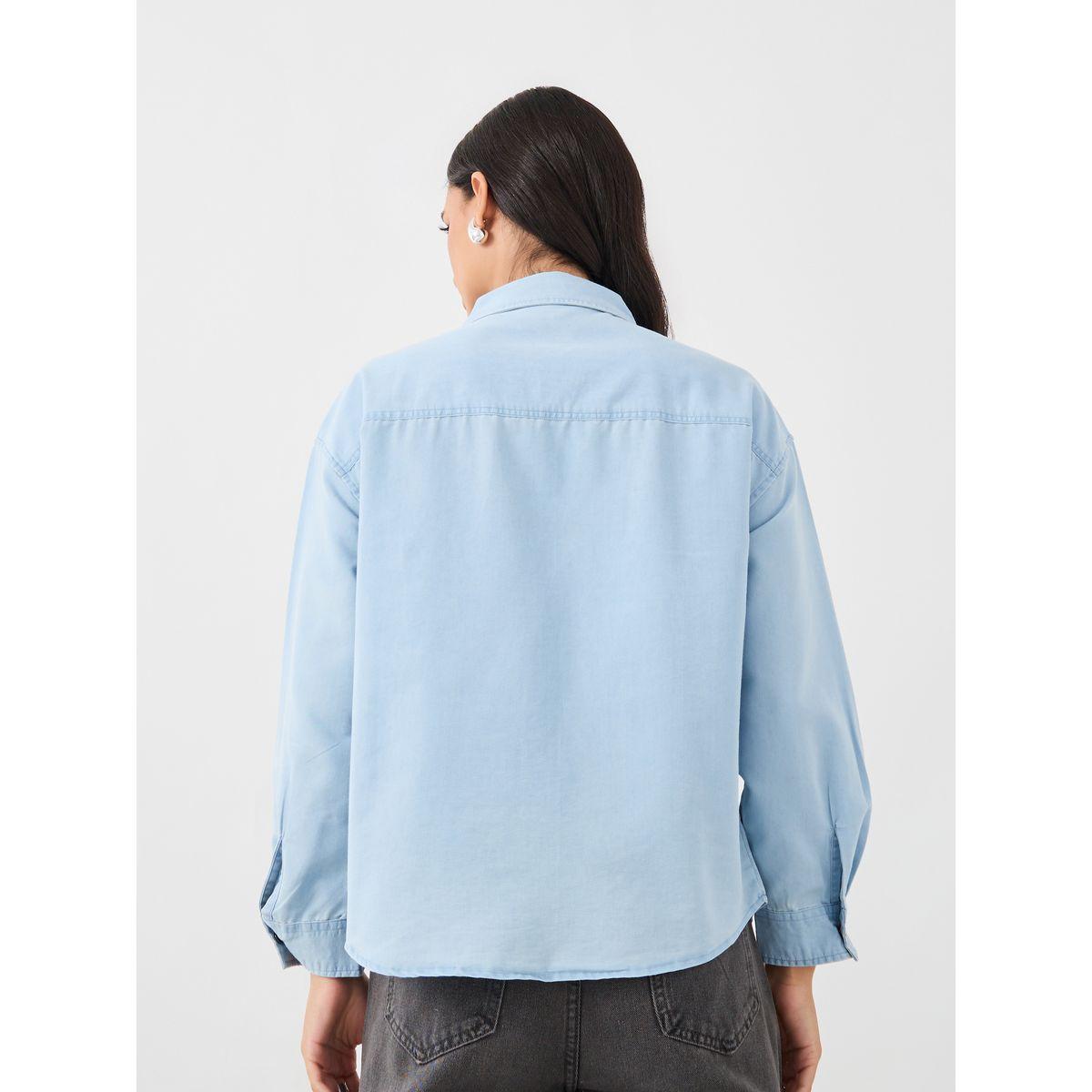 بلوزة دنيم سادة فضفاضة بأكتاف منخفضة-women-clothing-shirtsandblouses-shirts-image-4