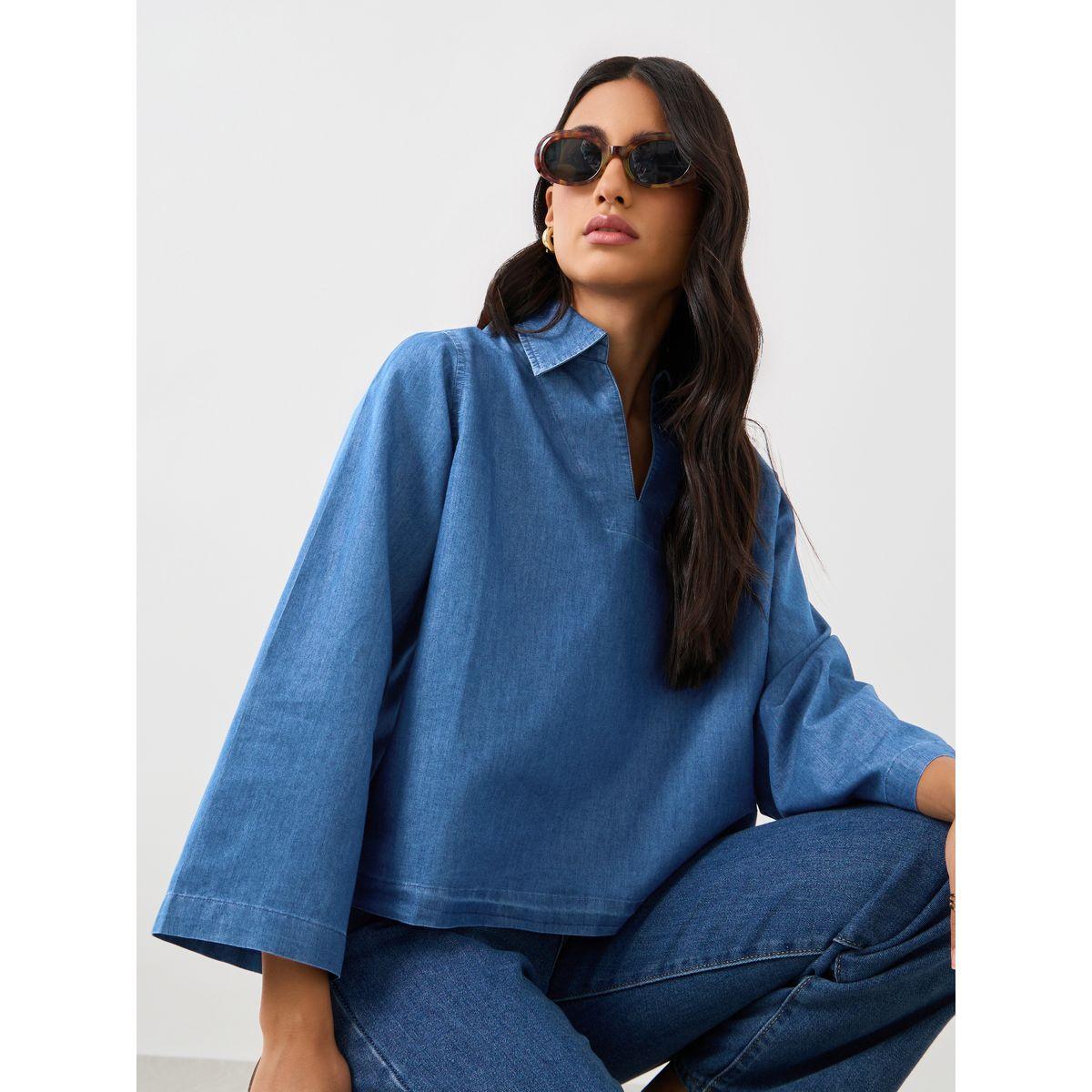 Styli Solid Collared Long Sleeve Boxy Denim Top-women-clothing-tshirts-image-1