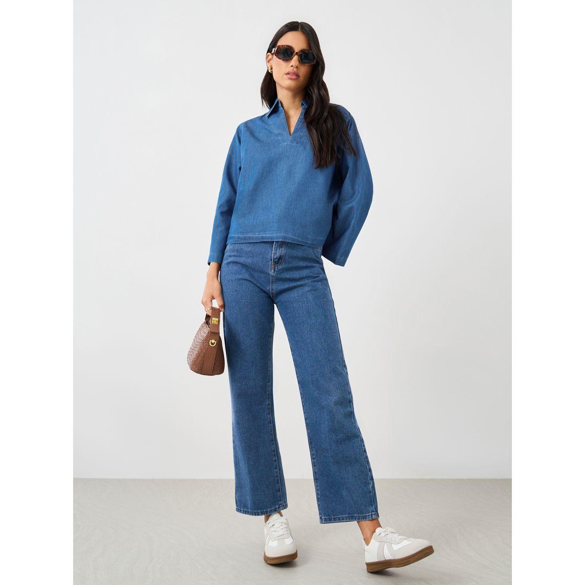 Styli Solid Collared Long Sleeve Boxy Denim Top-women-clothing-tshirts-image-2