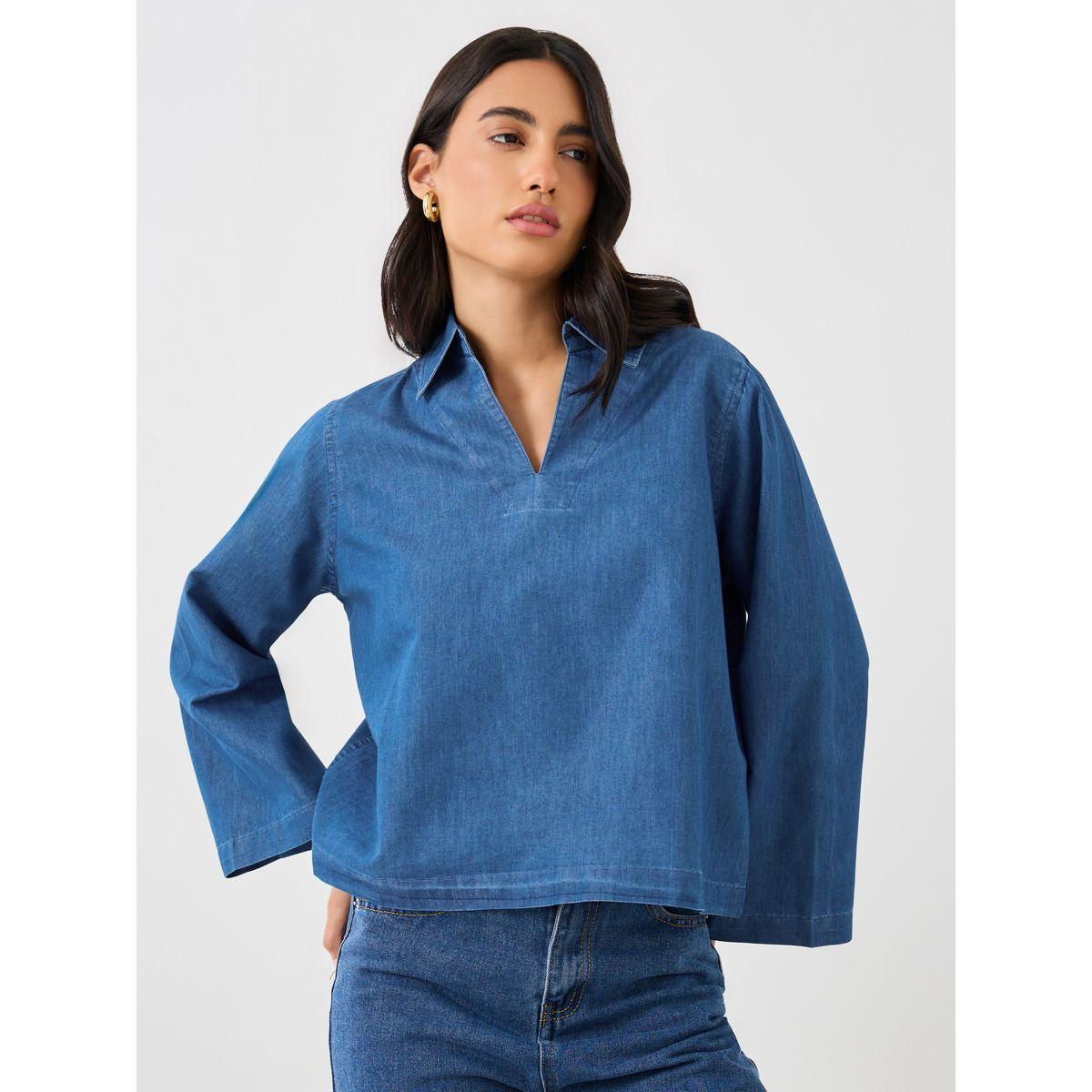 Styli Solid Collared Long Sleeve Boxy Denim Top-women-clothing-tshirts-image-3