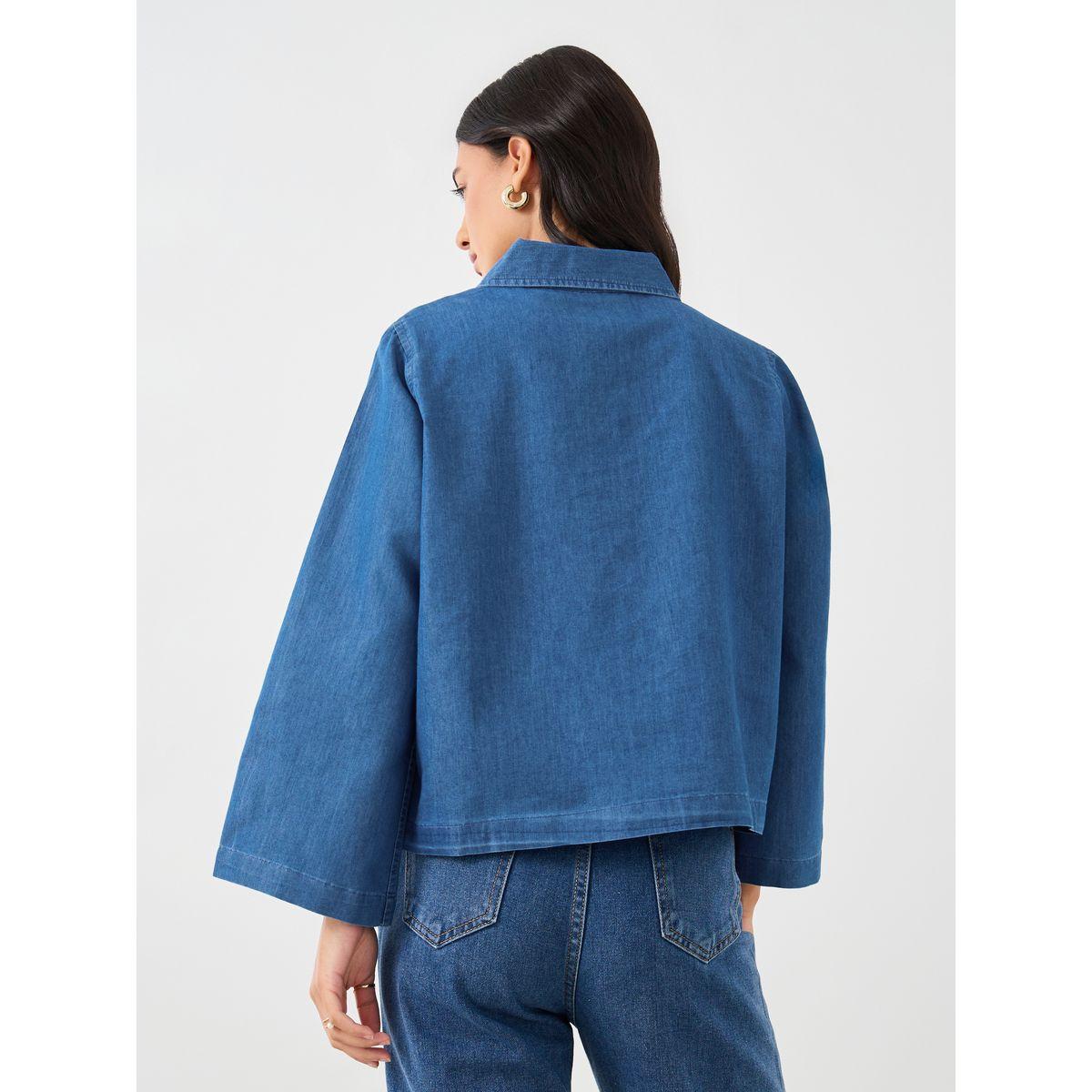 Styli Solid Collared Long Sleeve Boxy Denim Top-women-clothing-tshirts-image-5