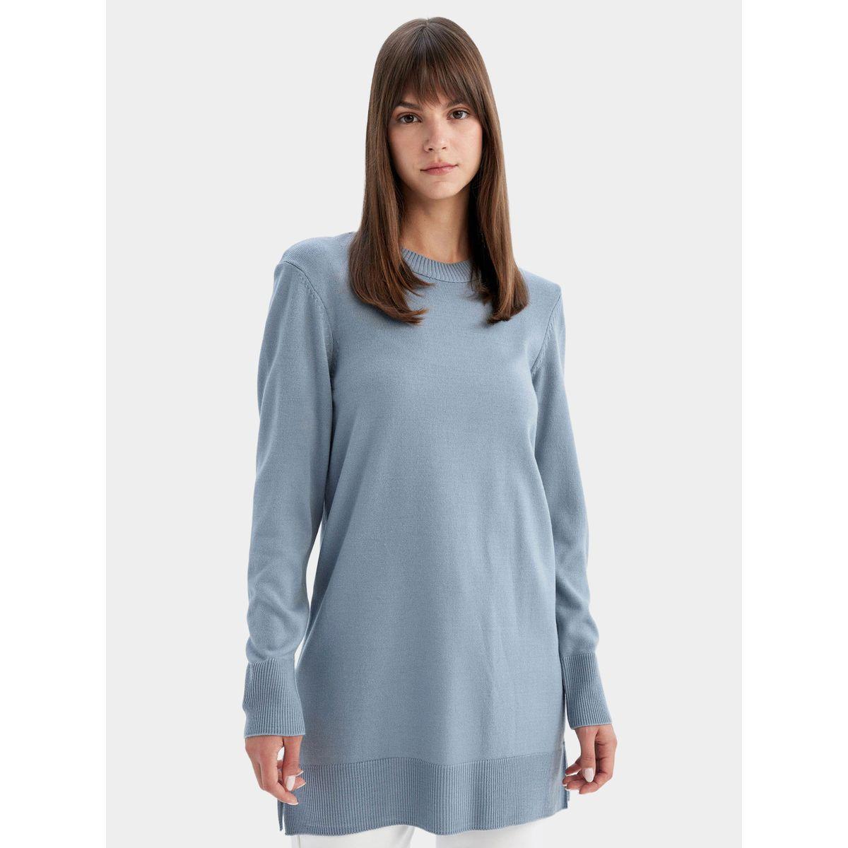 بلوزة تونيك طويلة بقصة عادية وياقة دائرية مع شق جانبي ديفاكتو × ستايلي-women-clothing-shirtsandblouses-blouses-image-1