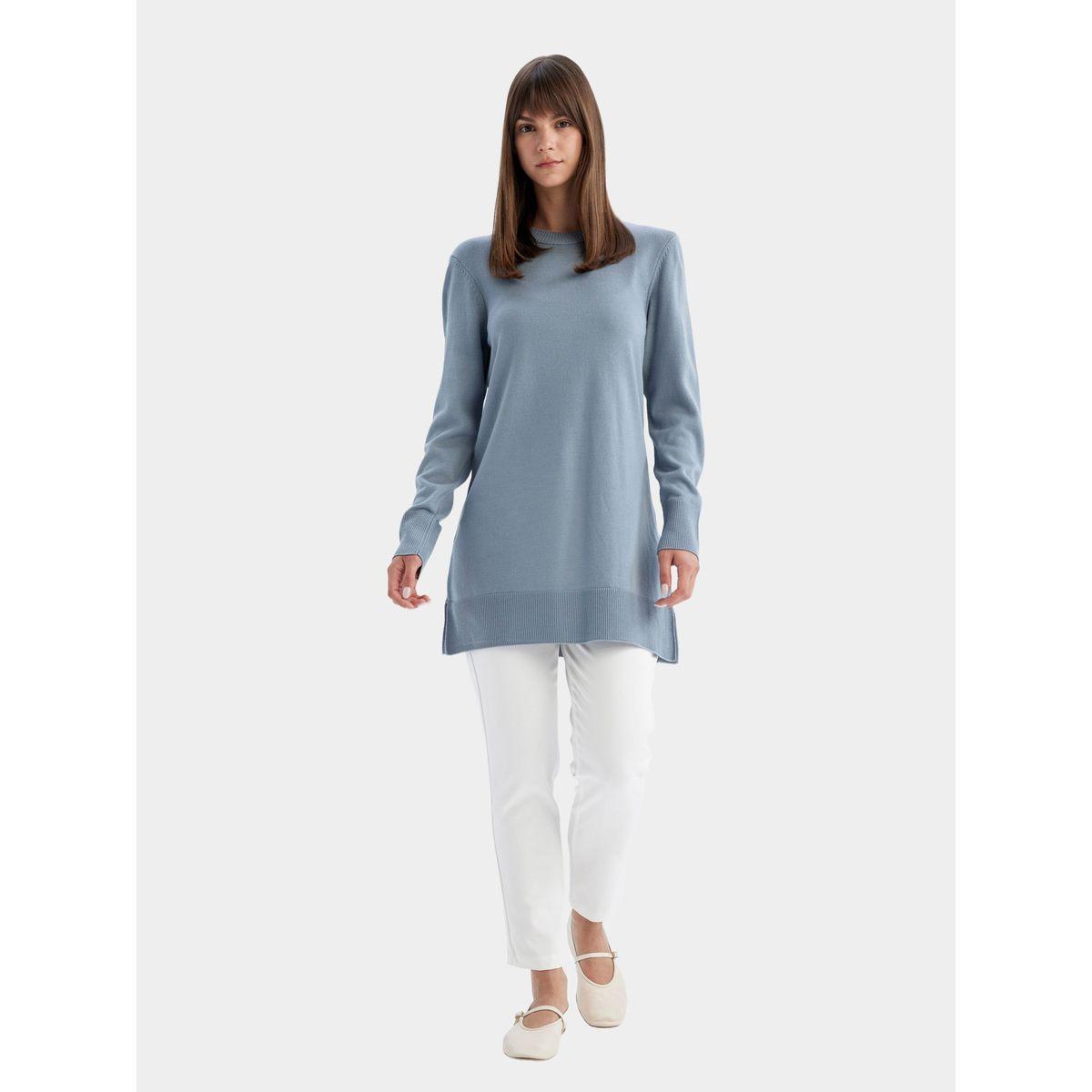 بلوزة تونيك طويلة بقصة عادية وياقة دائرية مع شق جانبي ديفاكتو × ستايلي-women-clothing-shirtsandblouses-blouses-image-3